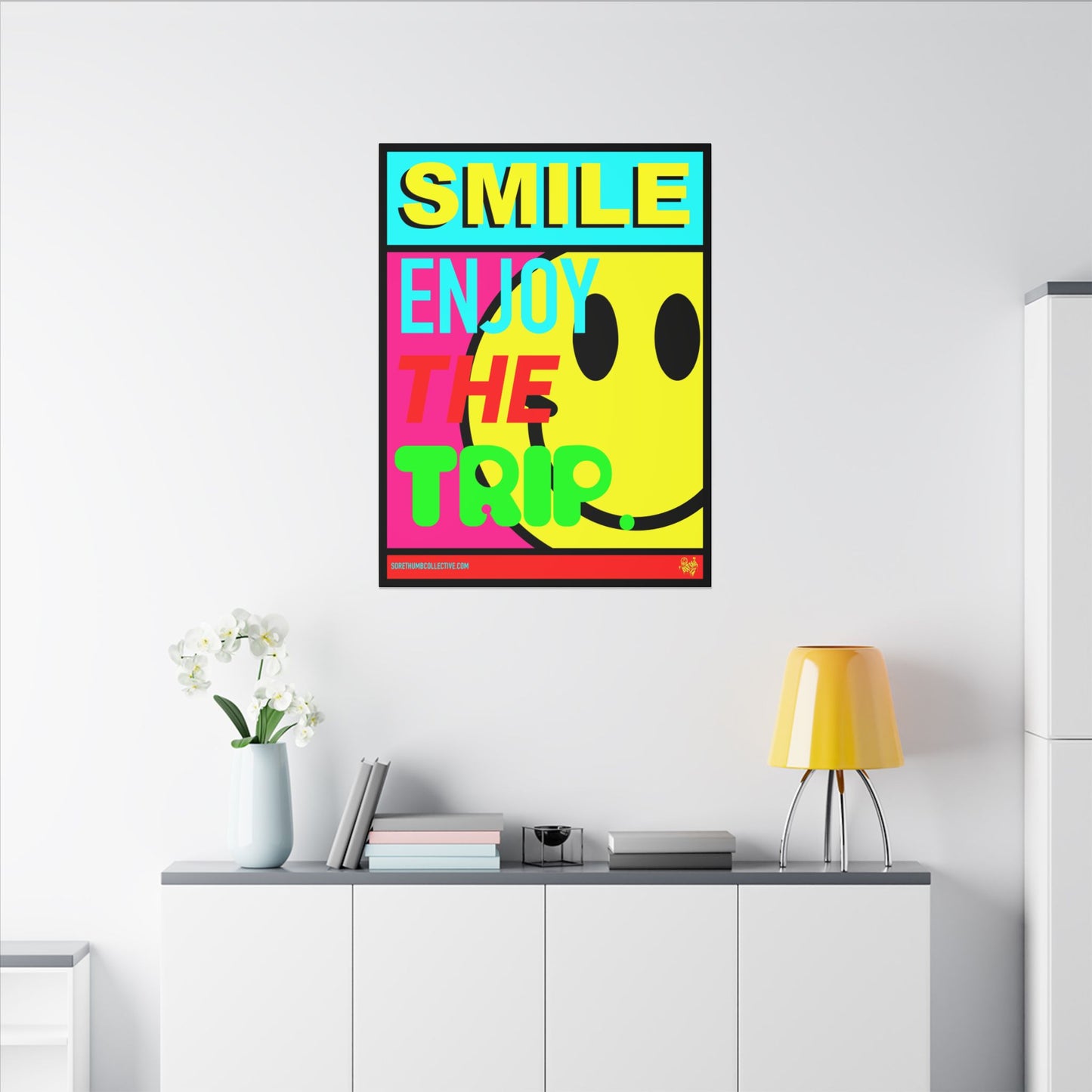 Grey Smiley Face T Shirt – Neon Yellow Embroidery