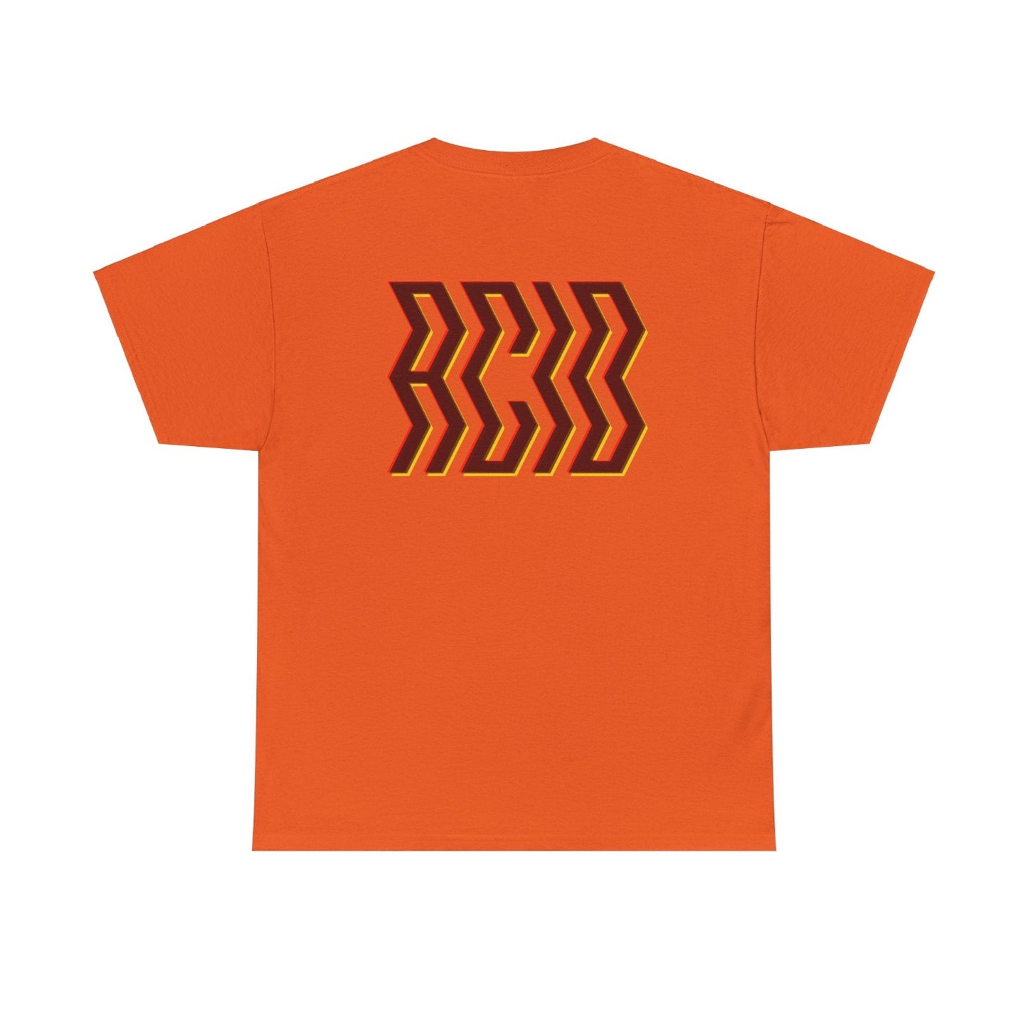 Acid house top inn bright orange, with trippy ACID print