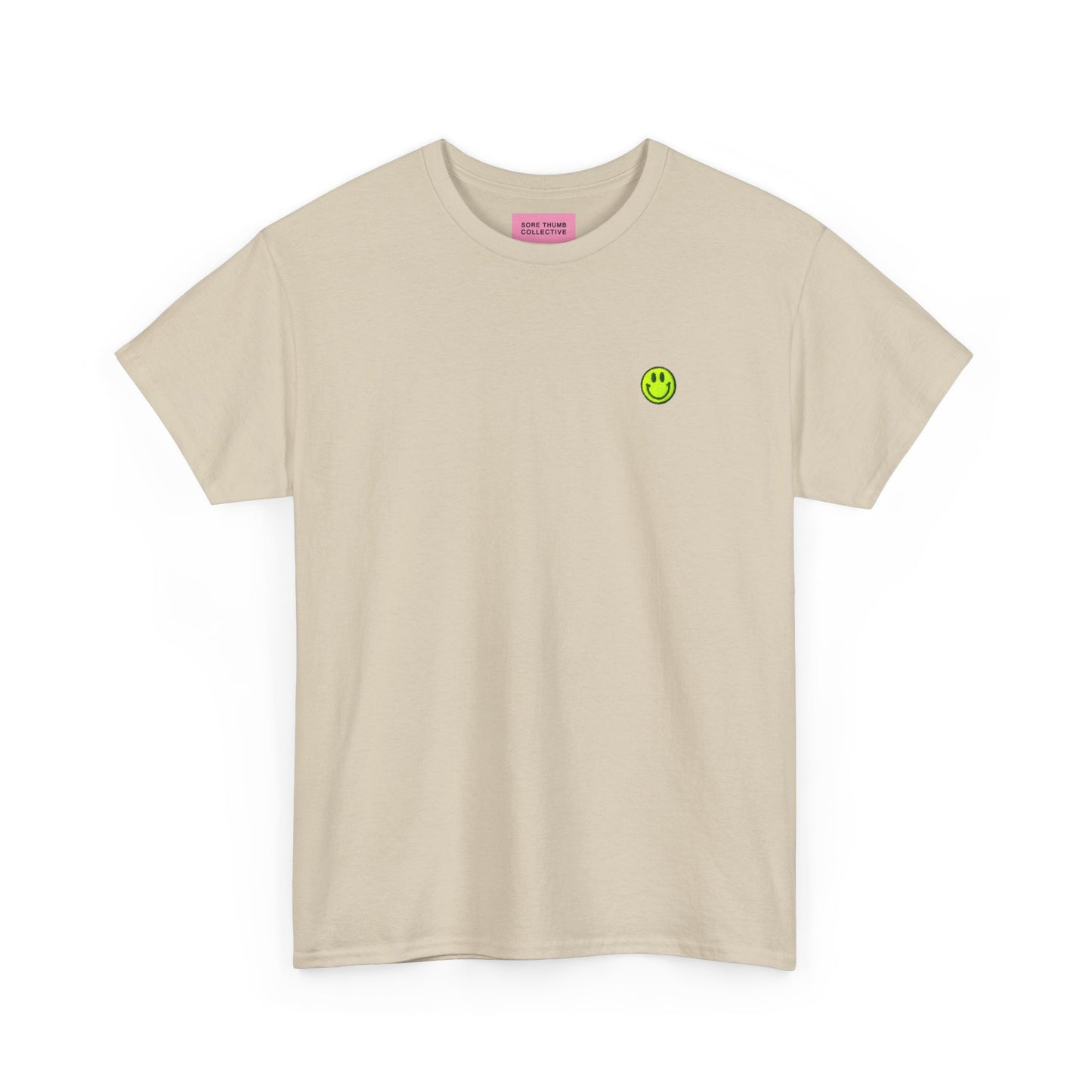 Natural Smiley Face Tee Shirt with Neon Yellow Embroidery Front View