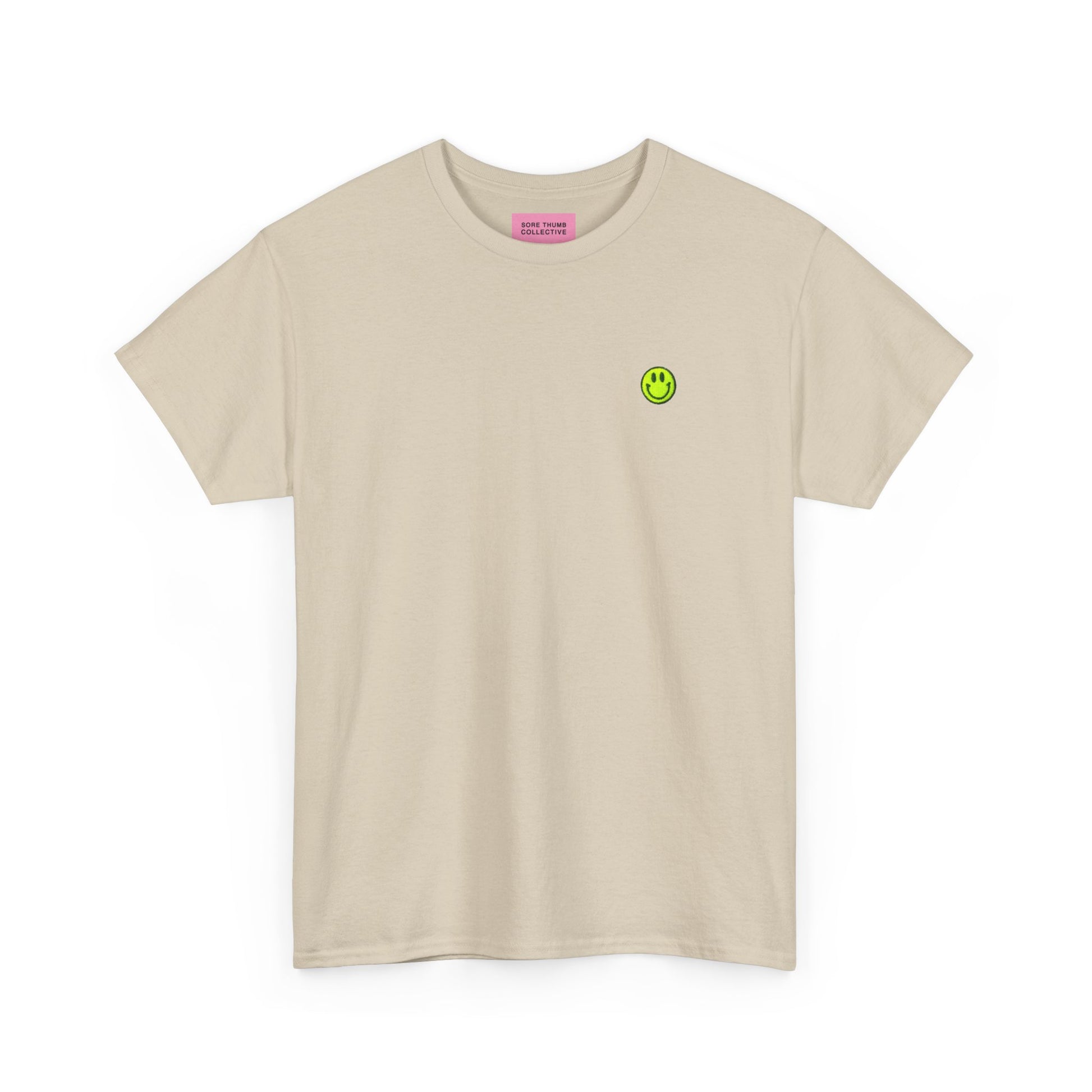 Natural Smiley Face Tee Shirt with Neon Yellow Embroidery Front View