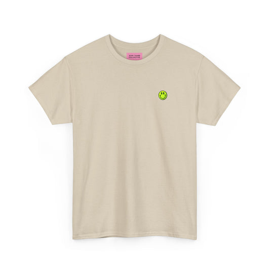 Natural Smiley Face Tee Shirt with Neon Yellow Embroidery Front View