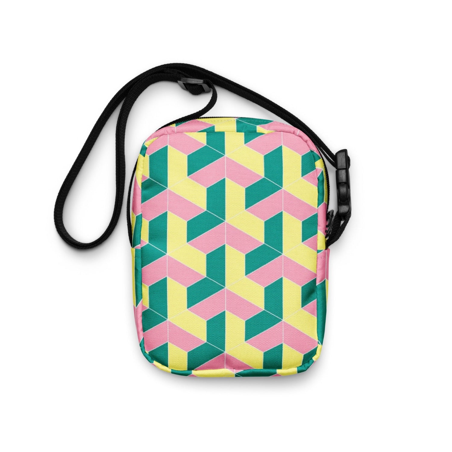 Back view of geometric print crossbody bag, pastel shades, shoulder bag for a rave