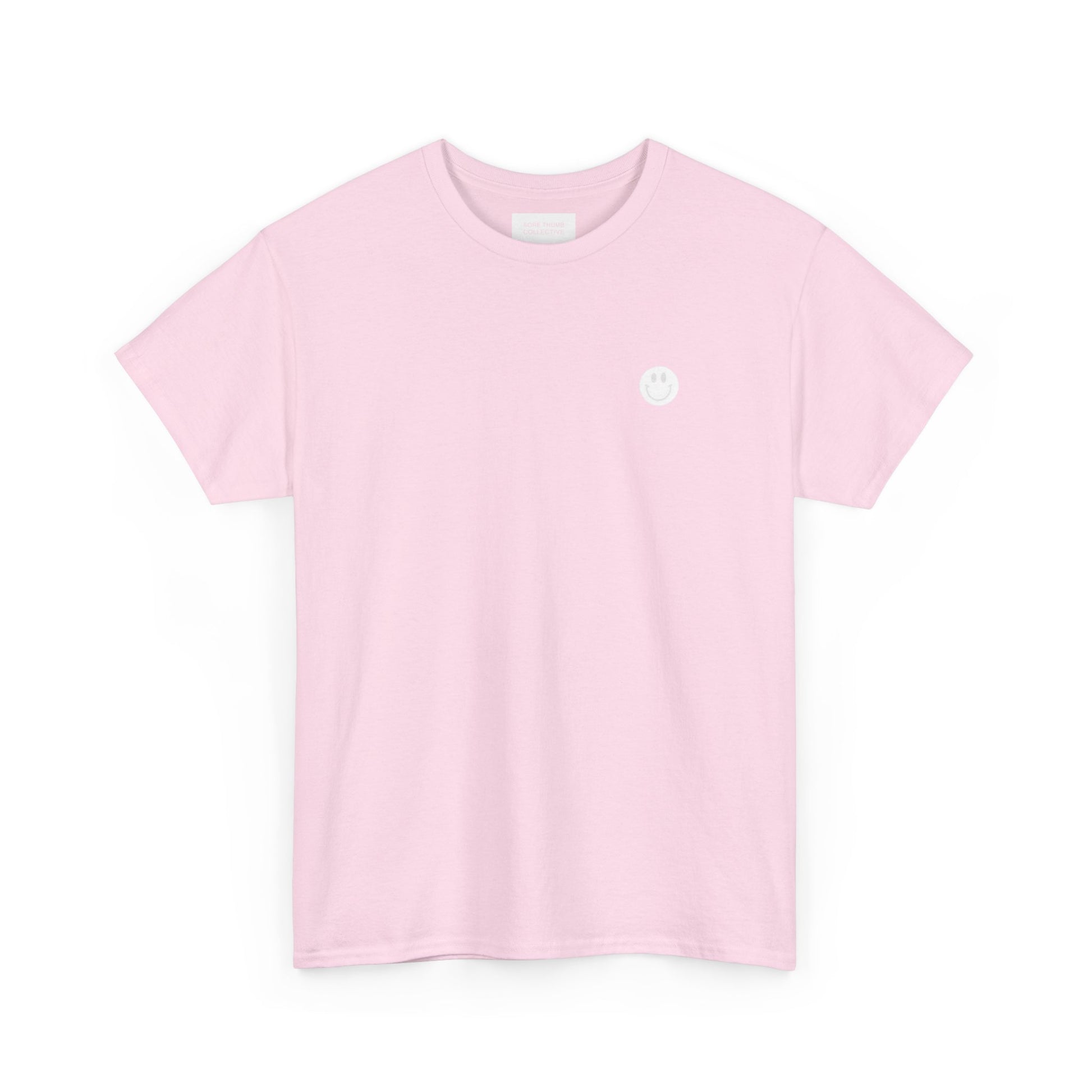 Pink t-shirt with a small white logo on a white background