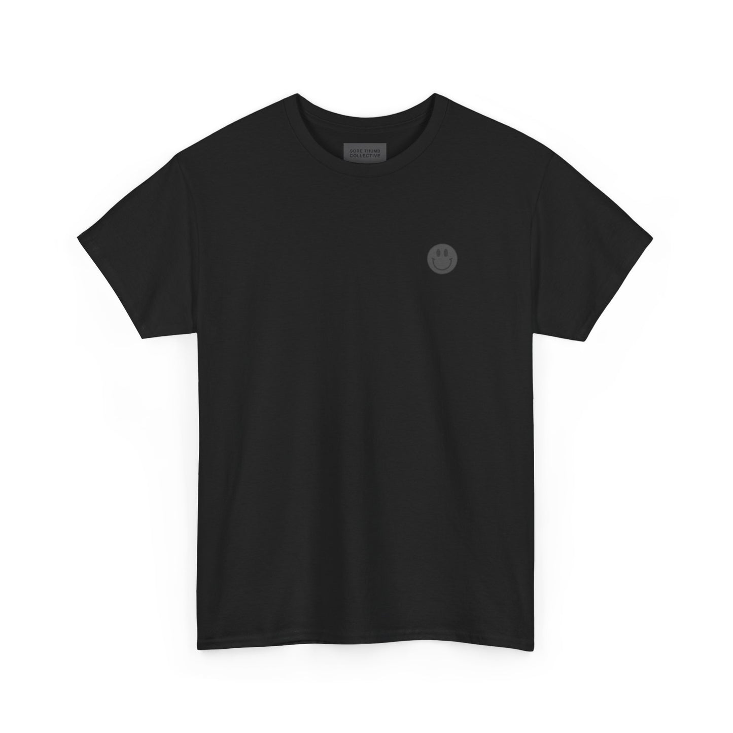 Black t-shirt with a small logo on a white background