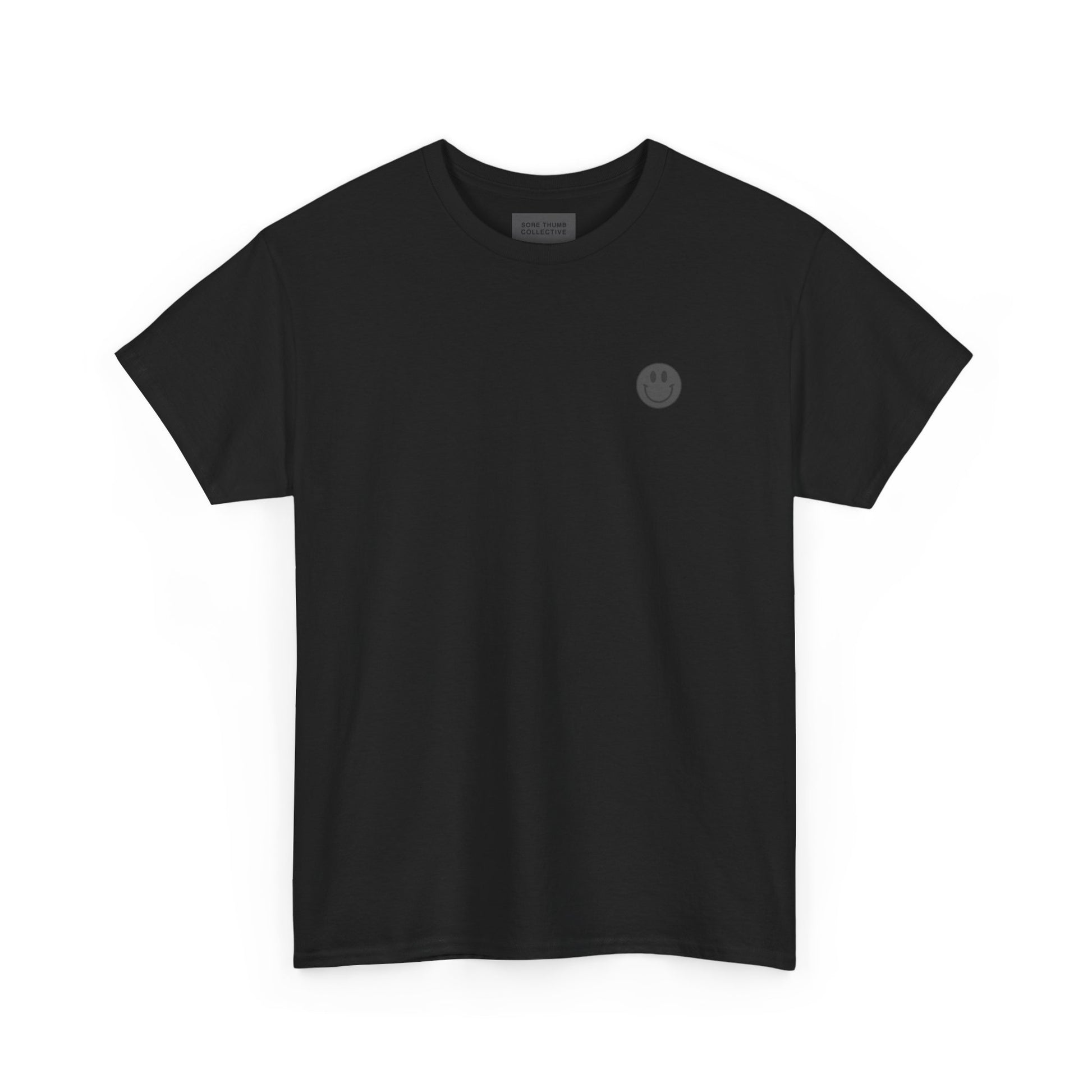 Black t-shirt with a small logo on a white background