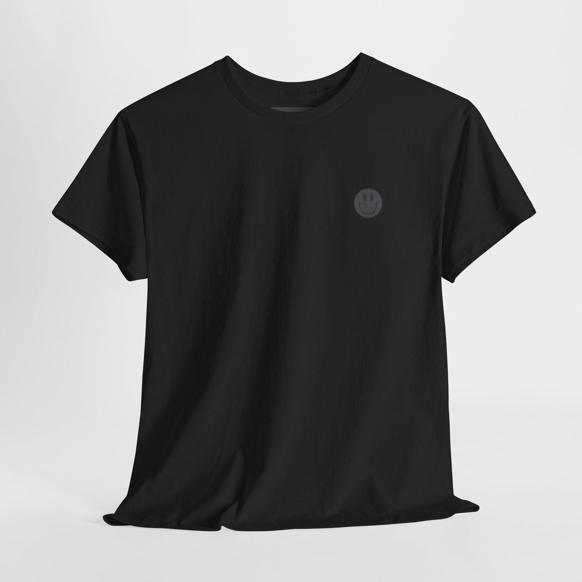 Black t-shirt with a small gray logo on a light gray background