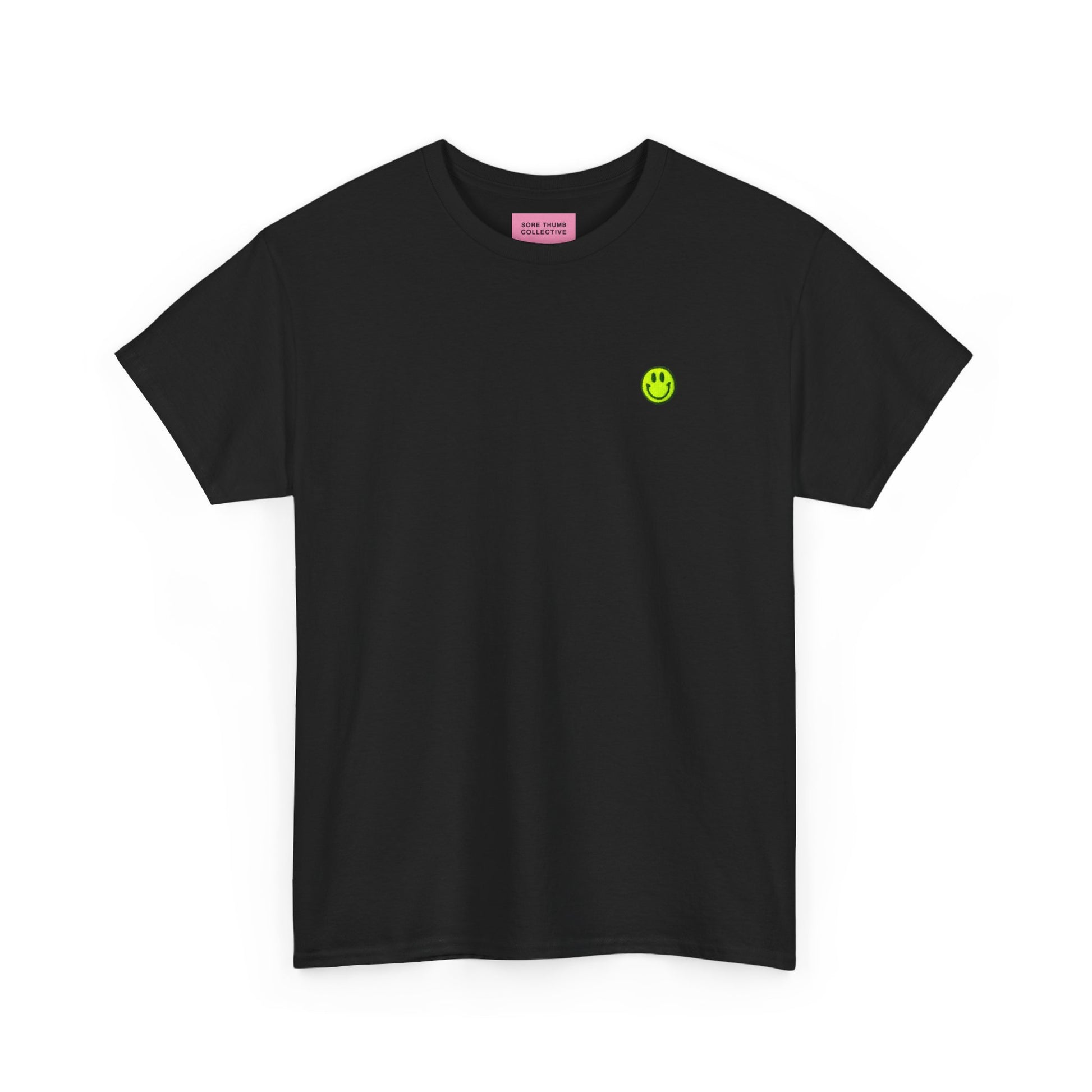 Black smiley face t shirt flat lay with neon yellow embroidered smiley design