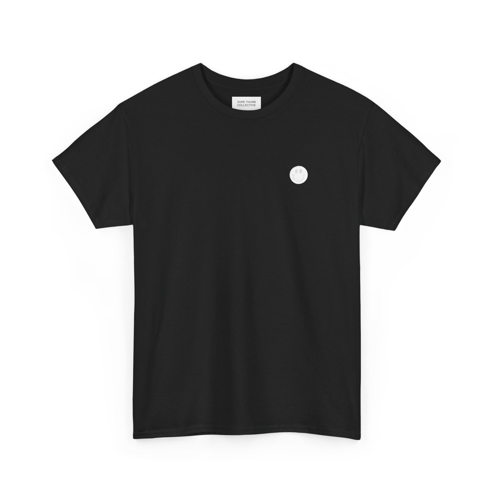 Black t-shirt with a white circle logo on a white background