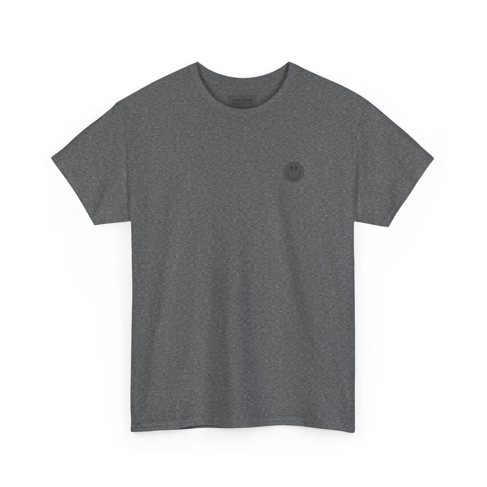 Gray t-shirt with a small black logo on a white background