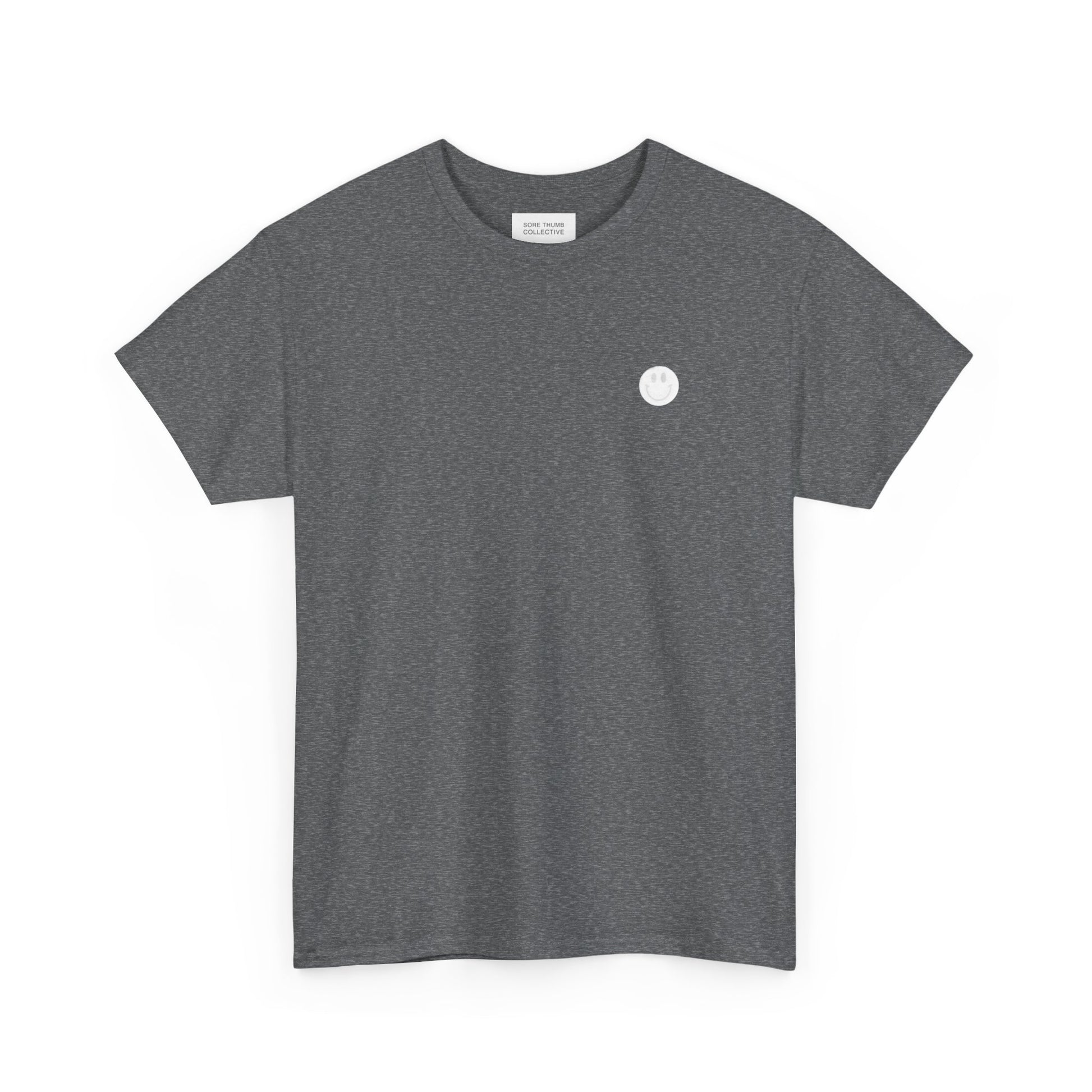 Gray t-shirt with a small white logo on a white background