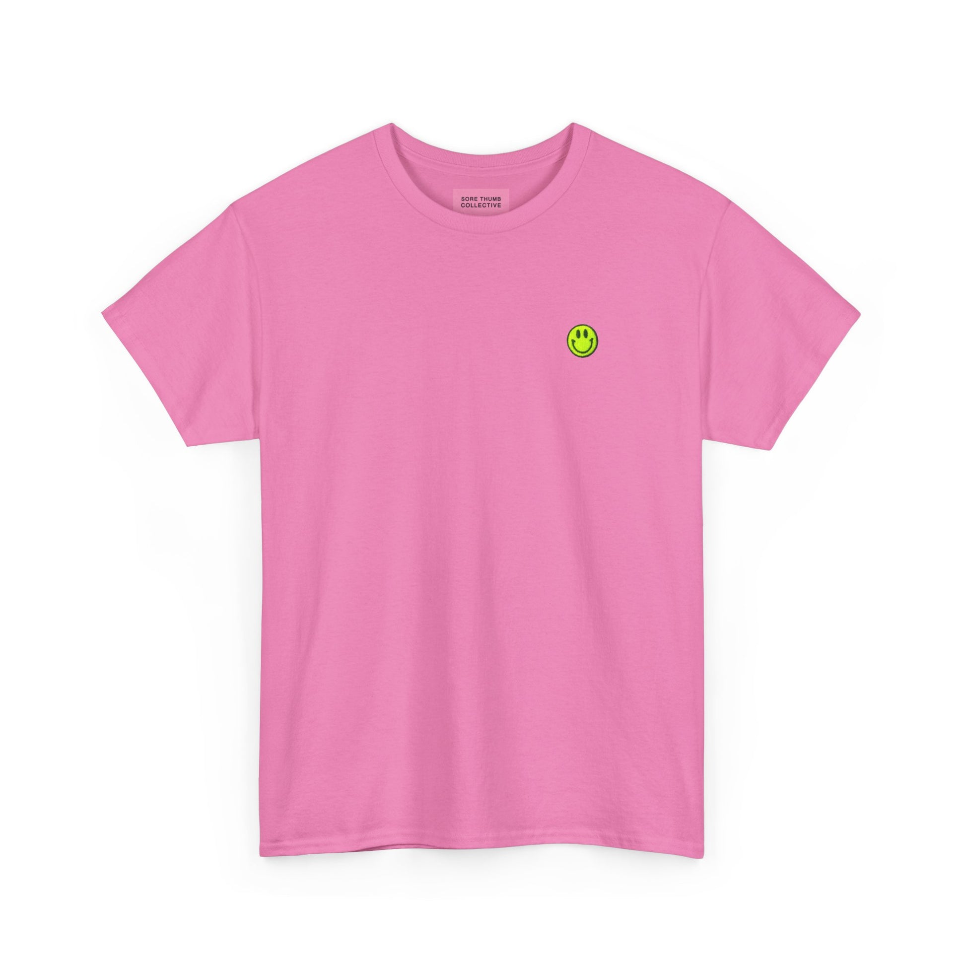 Dusky Pink Smiley Face T Shirt with Neon Yellow Embroidery Front View