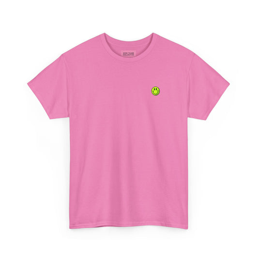 Dusky Pink Smiley Face T Shirt with Neon Yellow Embroidery Front View