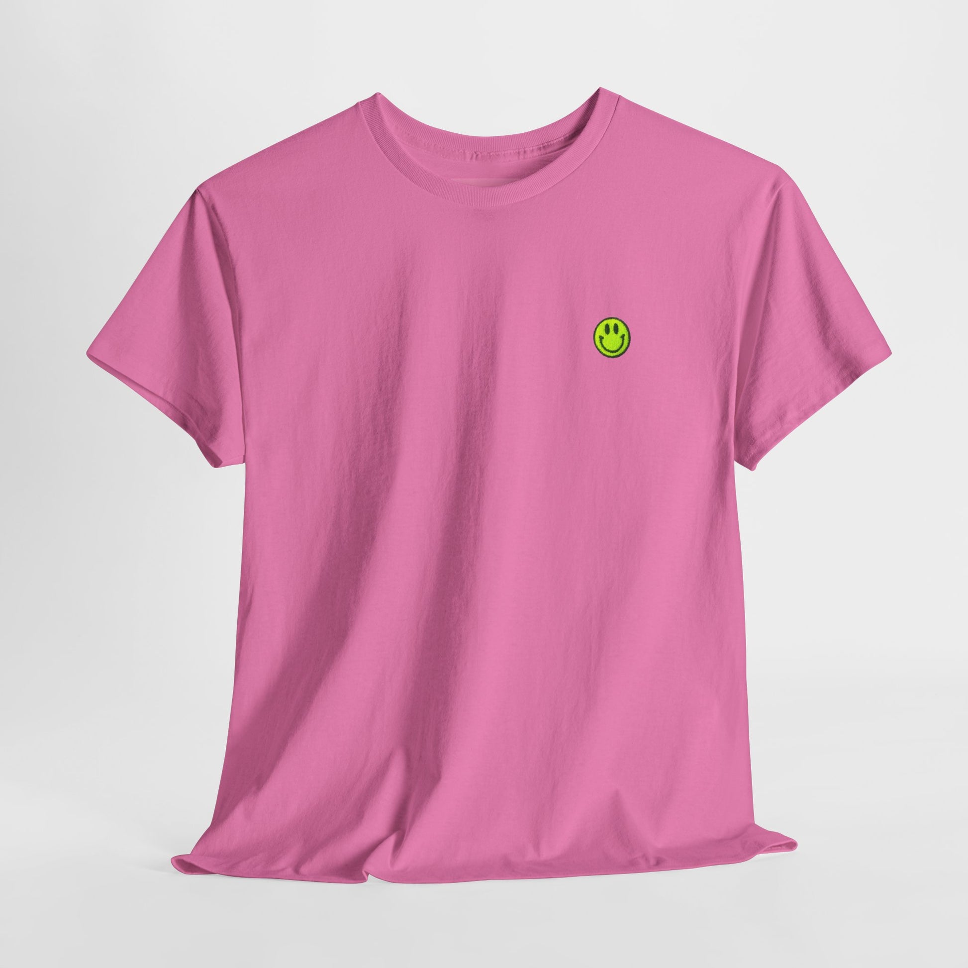 Dusky Pink Smiley Face T Shirt Hanging Showing Neon Yellow Embroidery