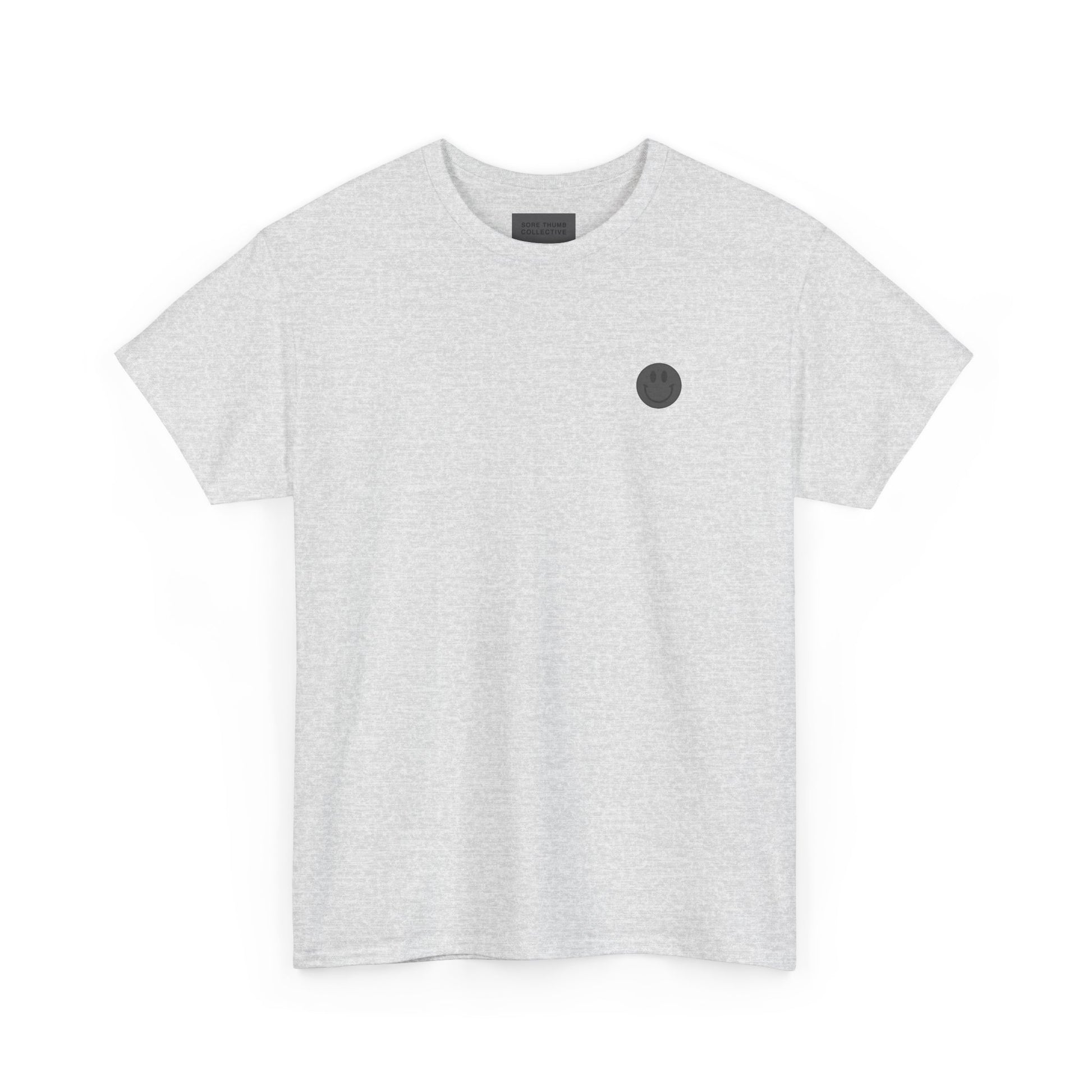 White t-shirt with a black logo on a white background