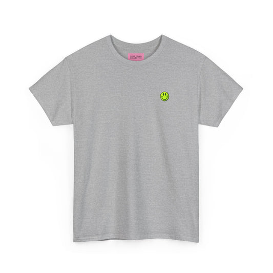 Grey Smiley Face T Shirt – Neon Yellow Embroidery