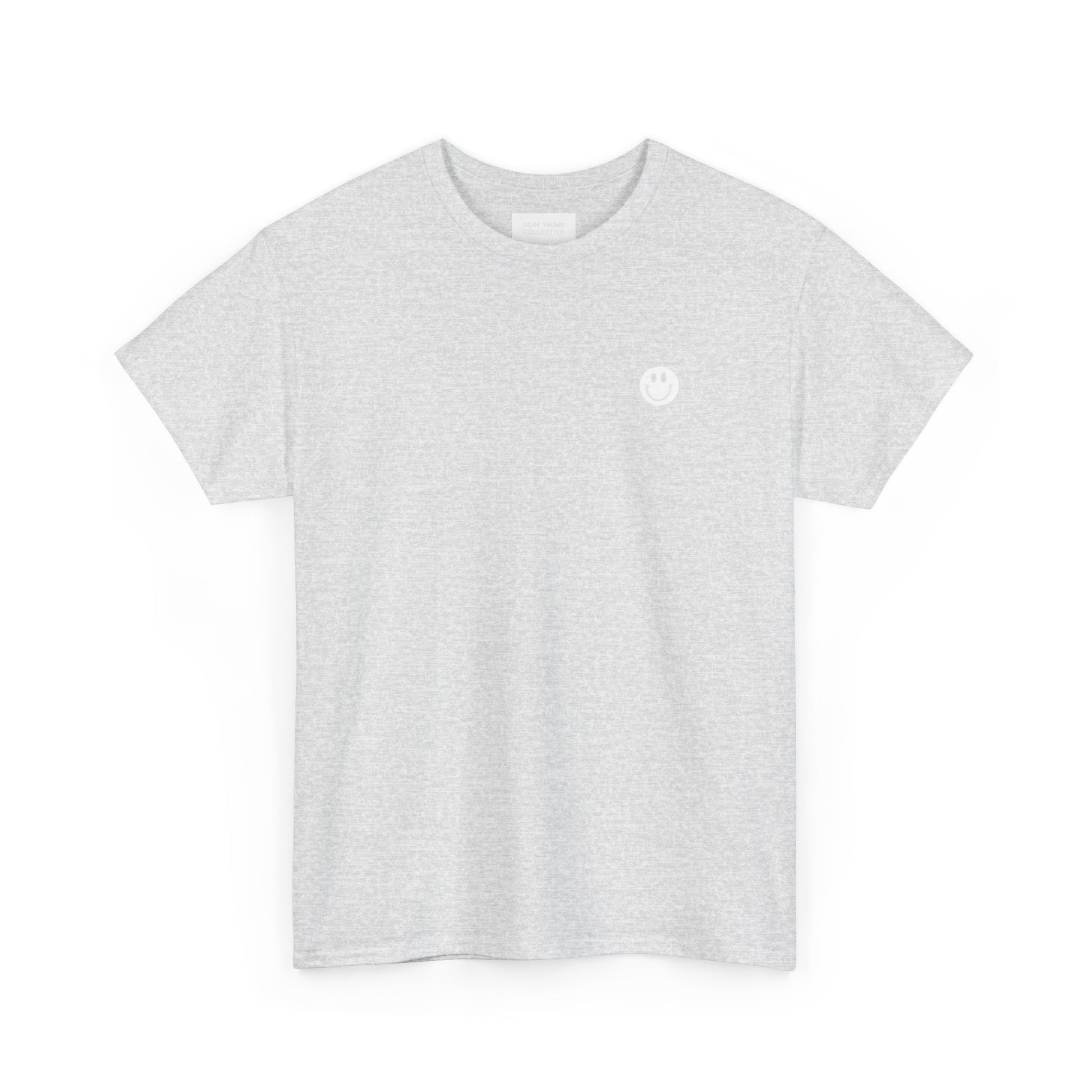 Grey t-shirt with a small logo on a white background
