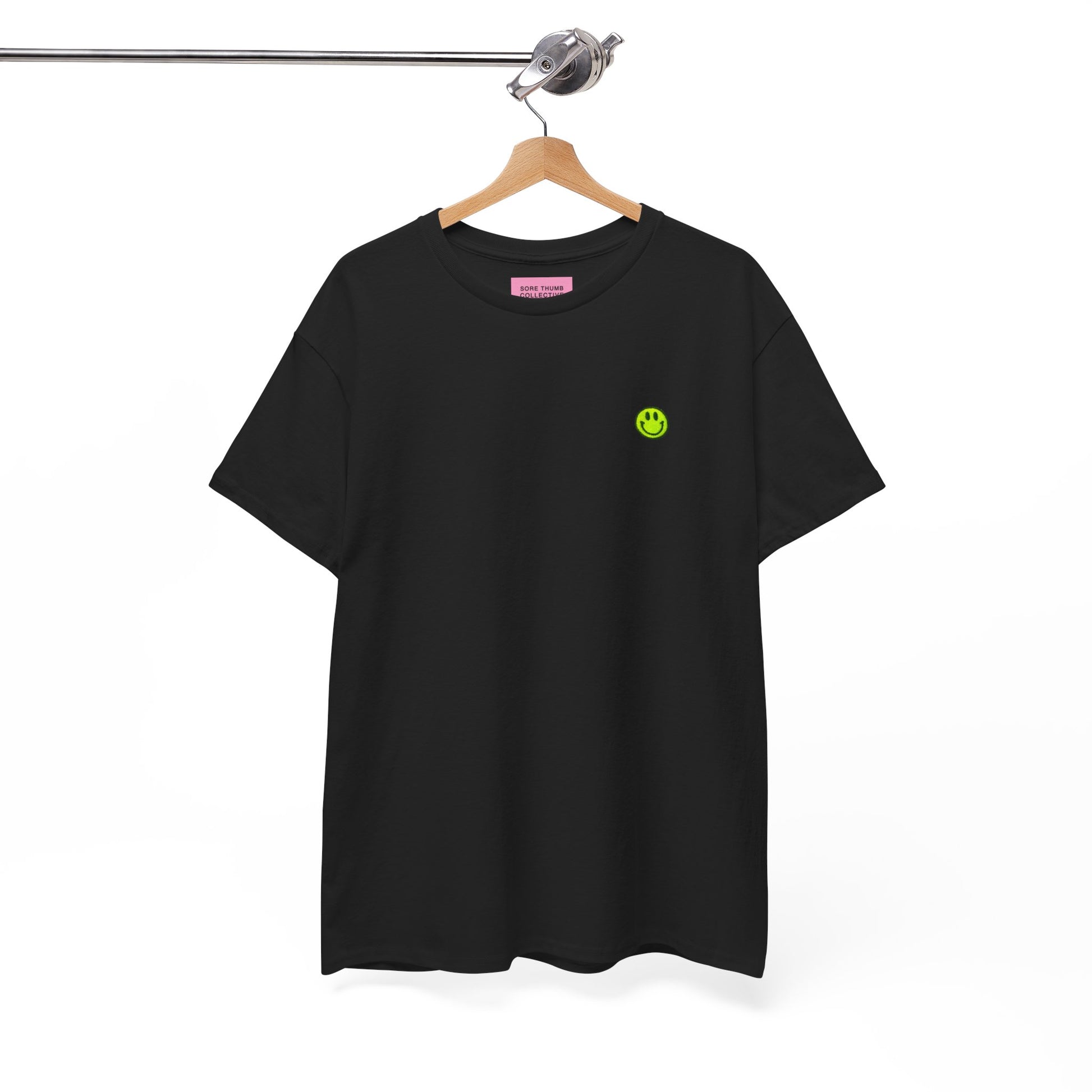 Hanging black acid smiley face t shirt with neon yellow embroidered design