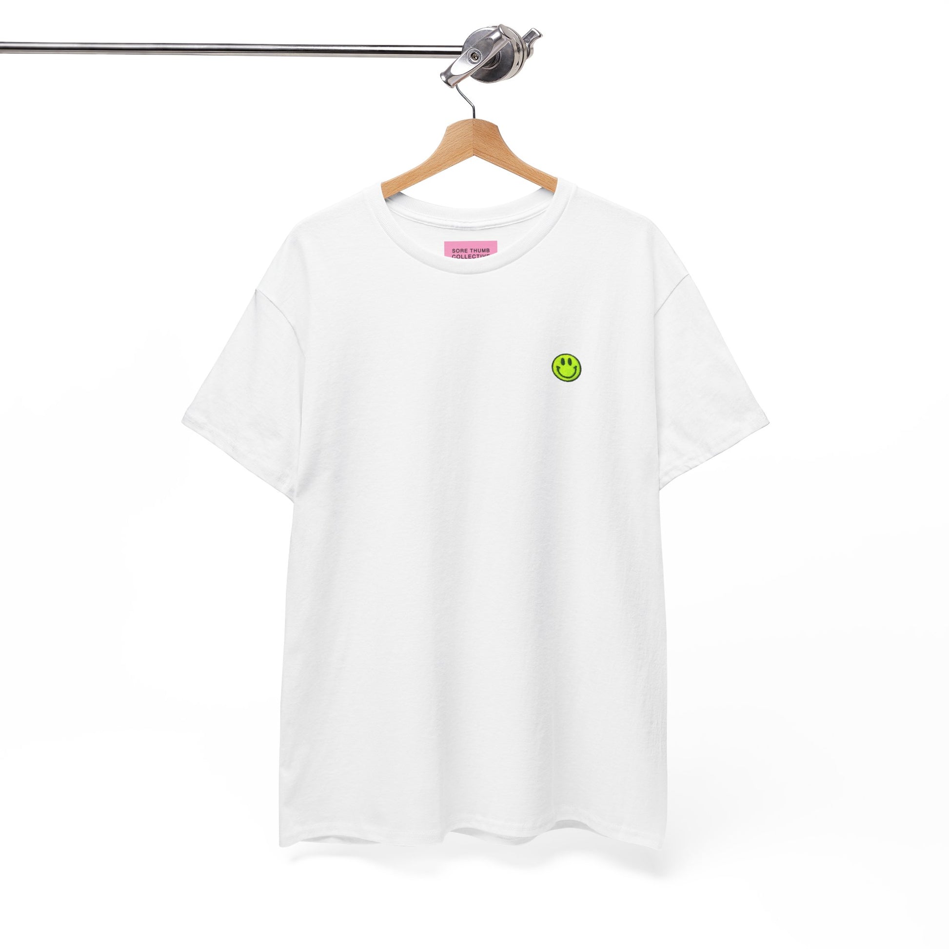 Hanging white acid smiley face t shirt with neon yellow embroidered design