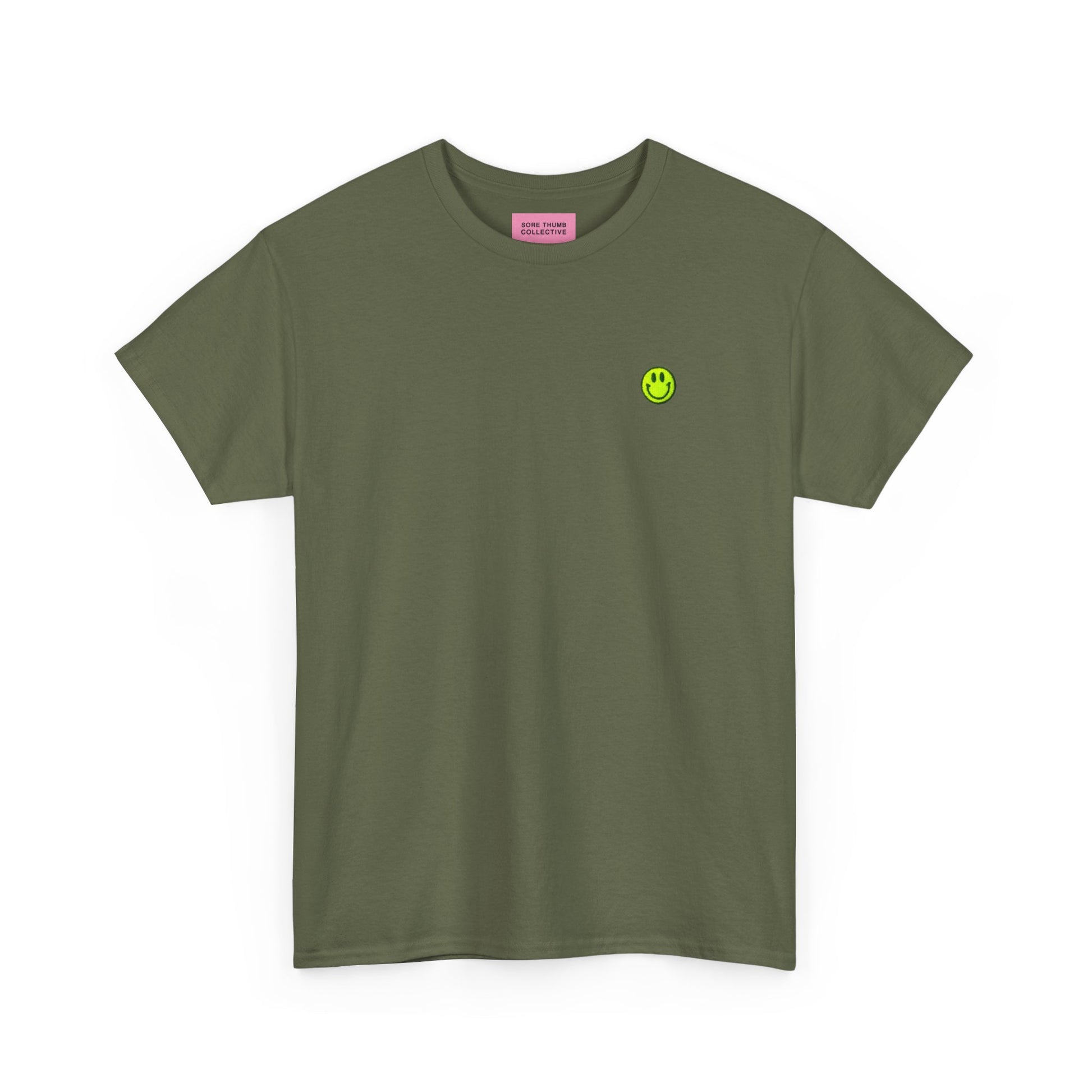 Green t-shirt with a small smiley face logo on a white background