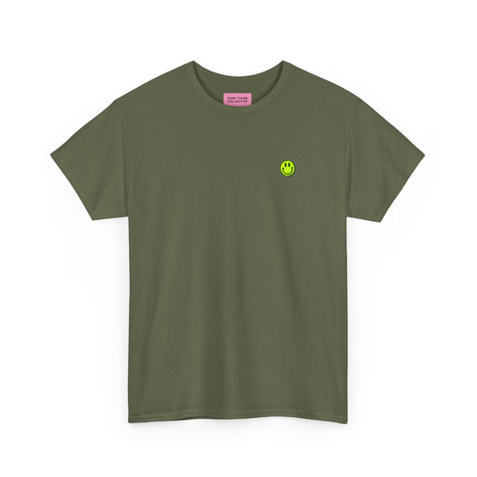 Green t-shirt with a small smiley face logo on a white background