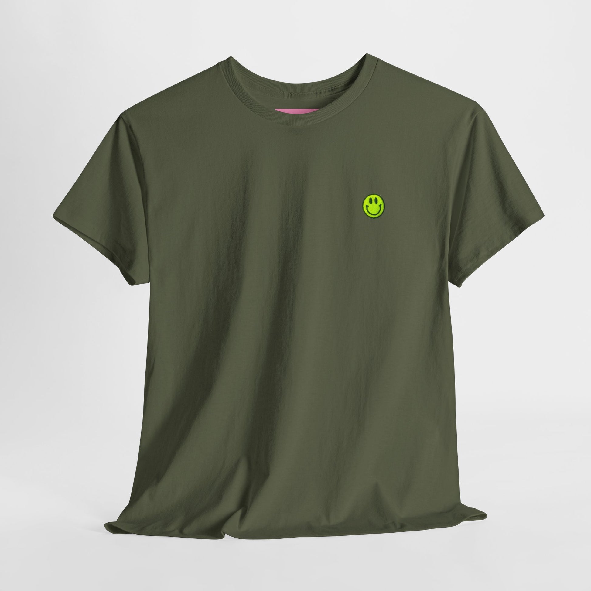 Green t-shirt with a small smiley face logo on a light gray background