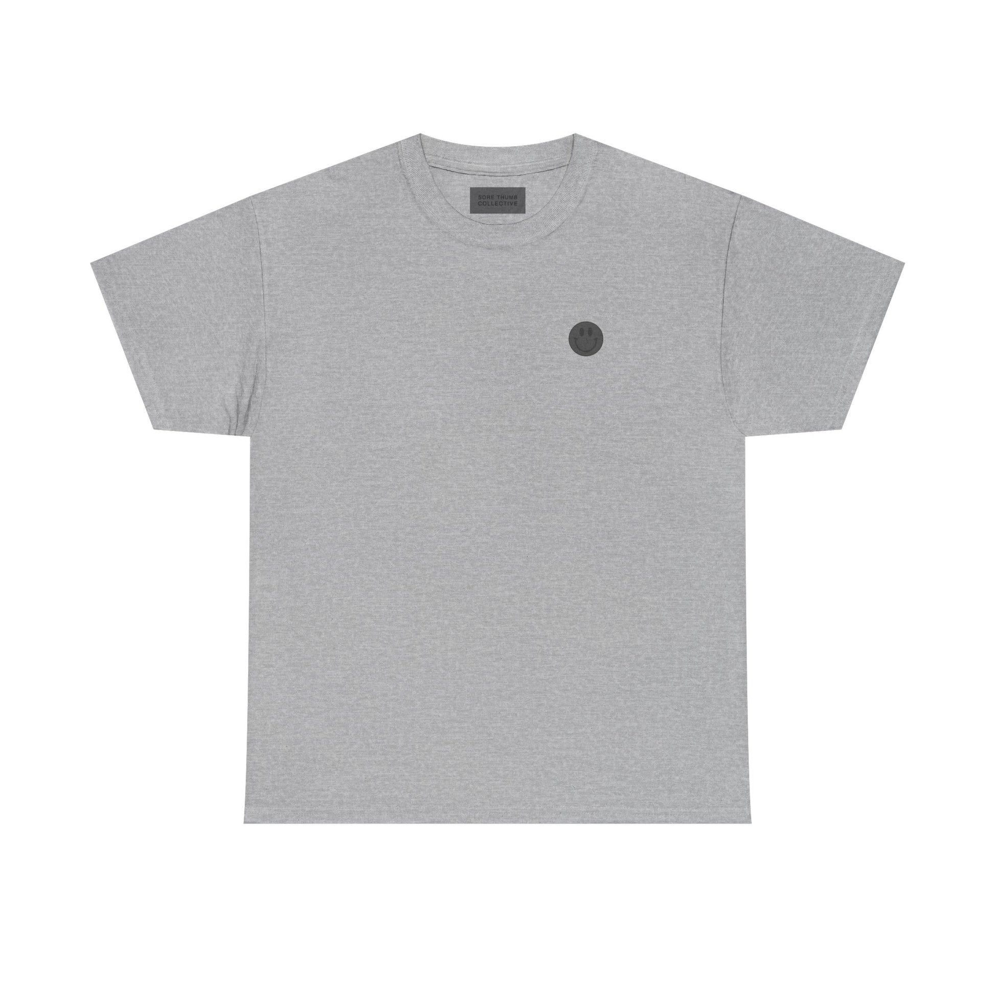 Gray t-shirt with a small black logo on a white background