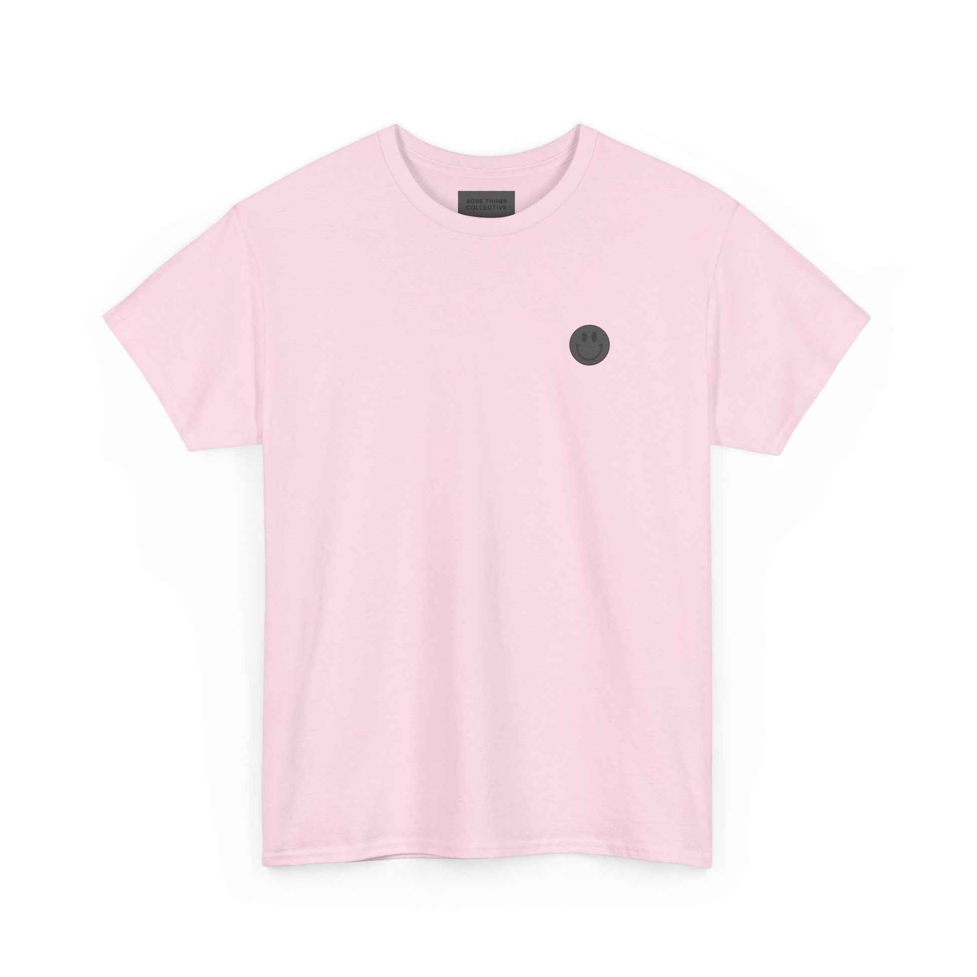 Pink t-shirt with a small black logo on a white background