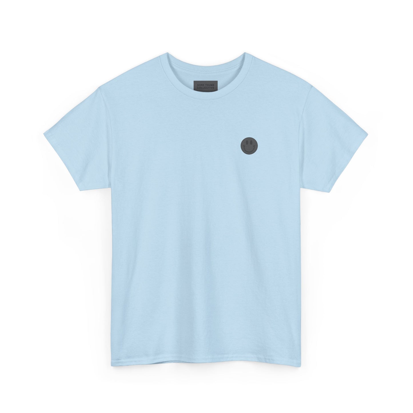 Light blue t-shirt with a small black logo on a white background