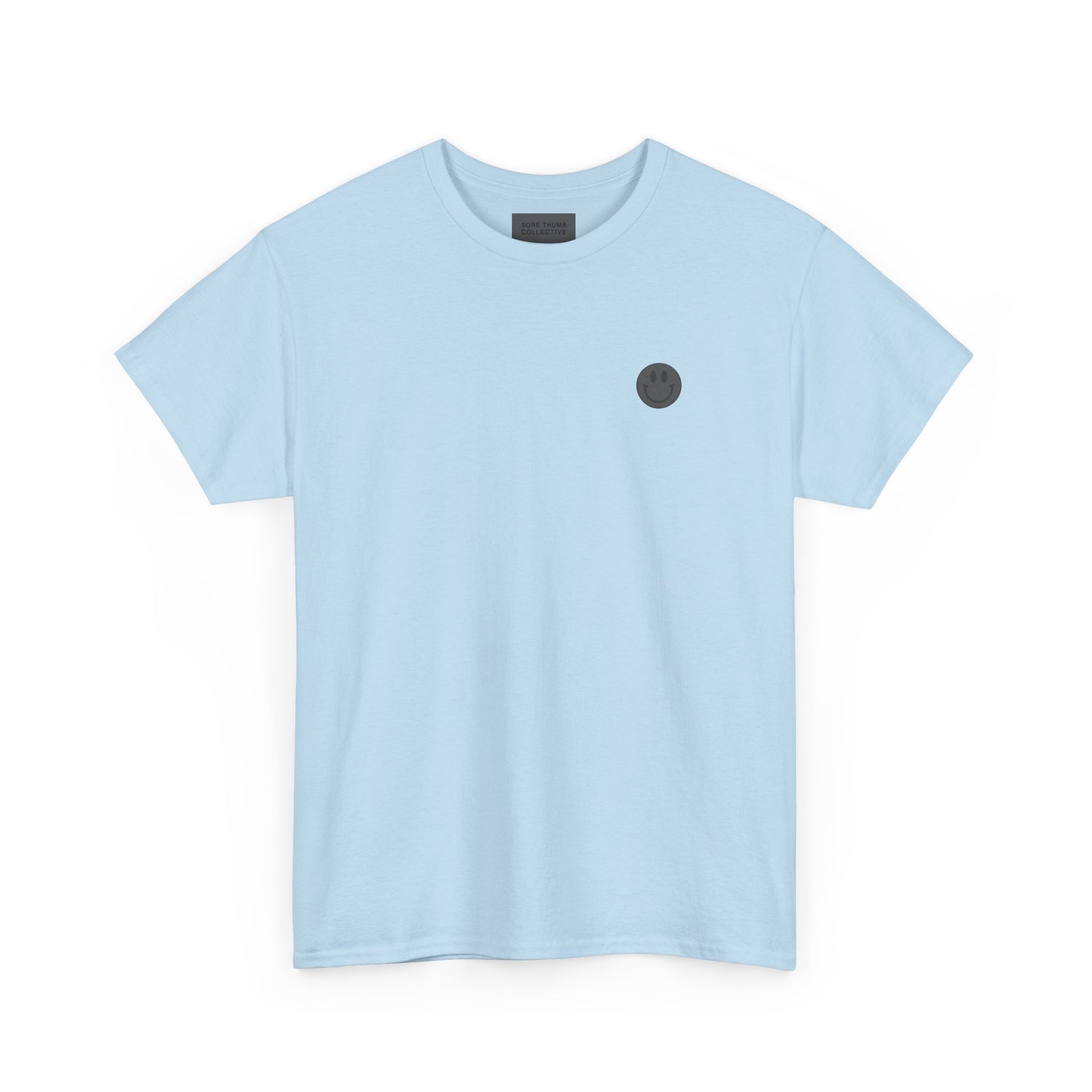 Light blue t-shirt with a small black logo on a white background