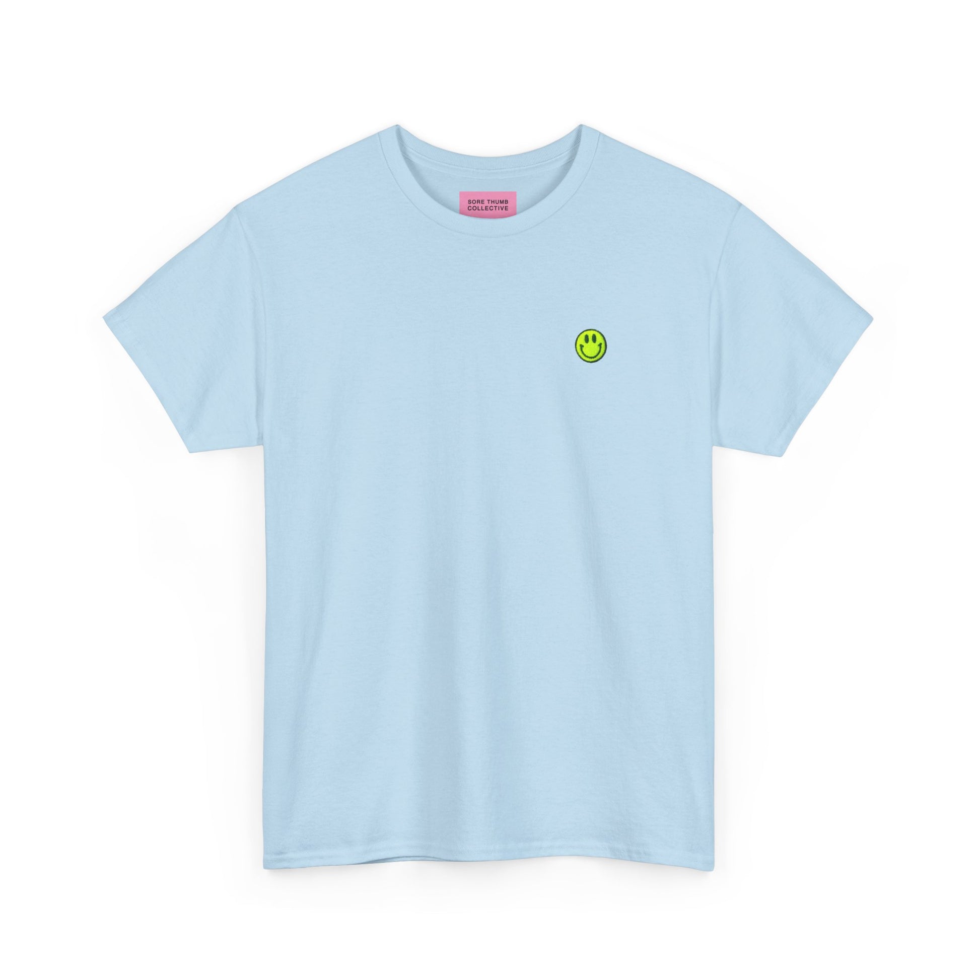 Light blue t-shirt with a green smiley face logo on a white background