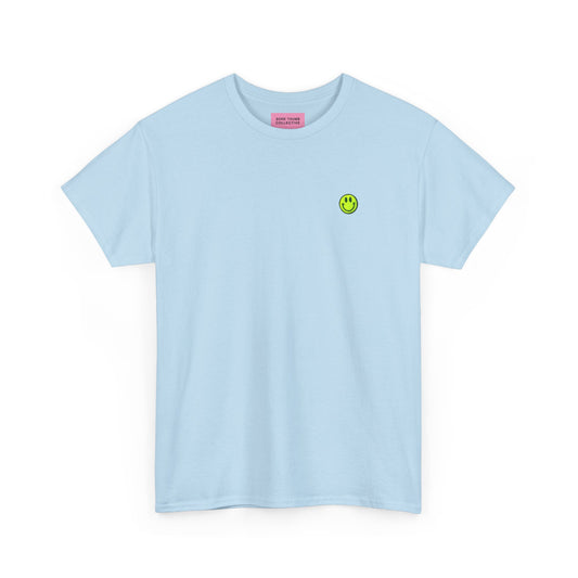 Light blue t-shirt with a green smiley face logo on a white background