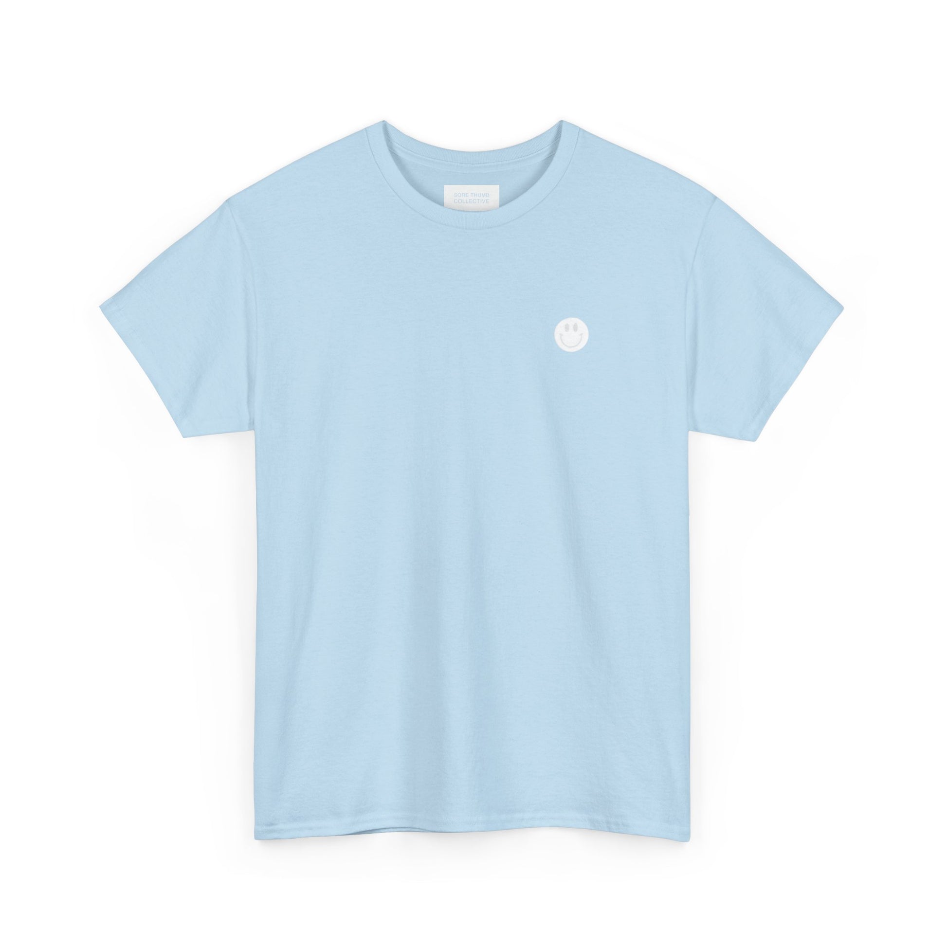 Light blue t-shirt with a small white logo on a white background