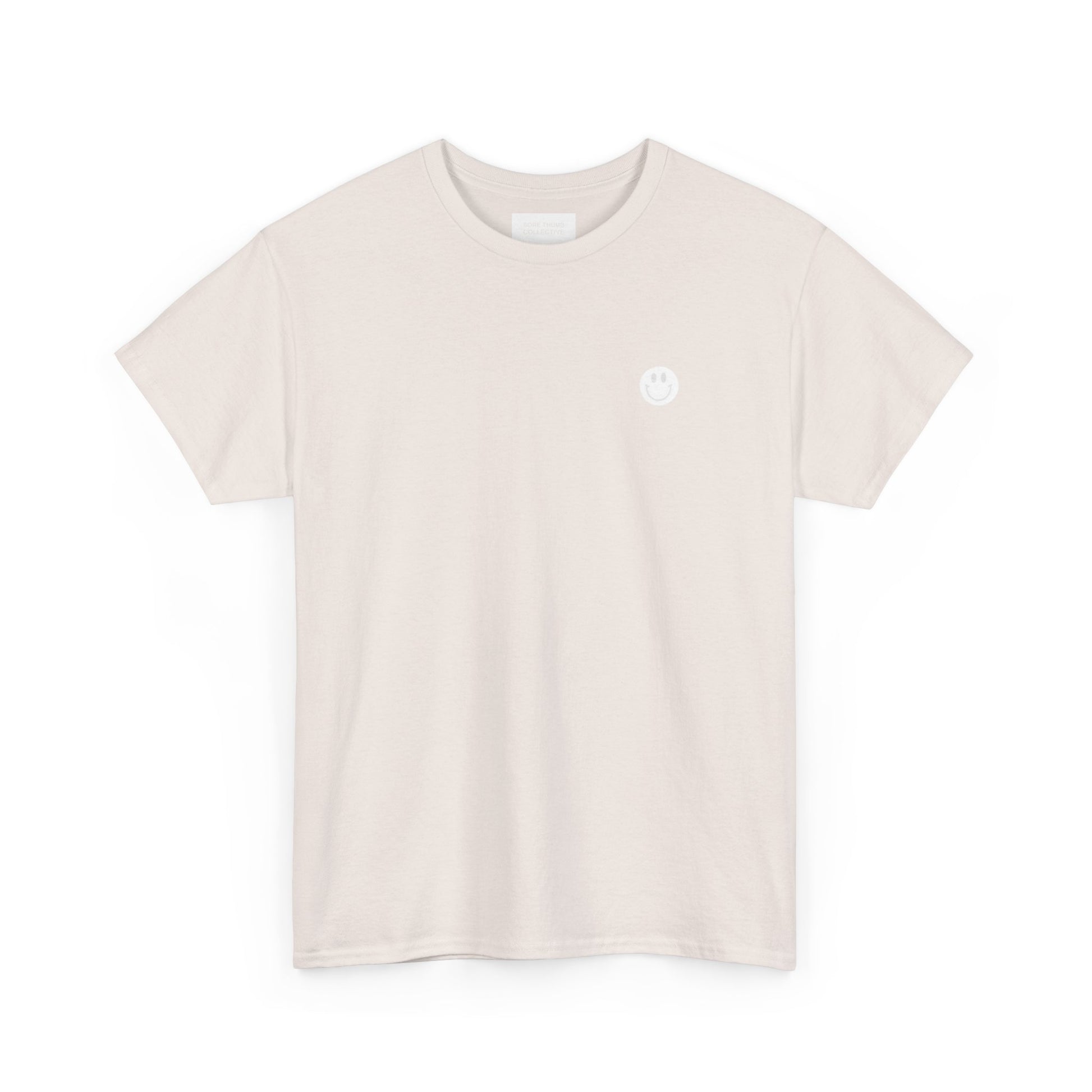 pale grey t-shirt with a small white logo on a white background
