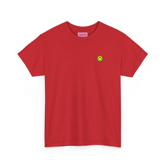 Red t-shirt with a yellow smiley face logo on a white background