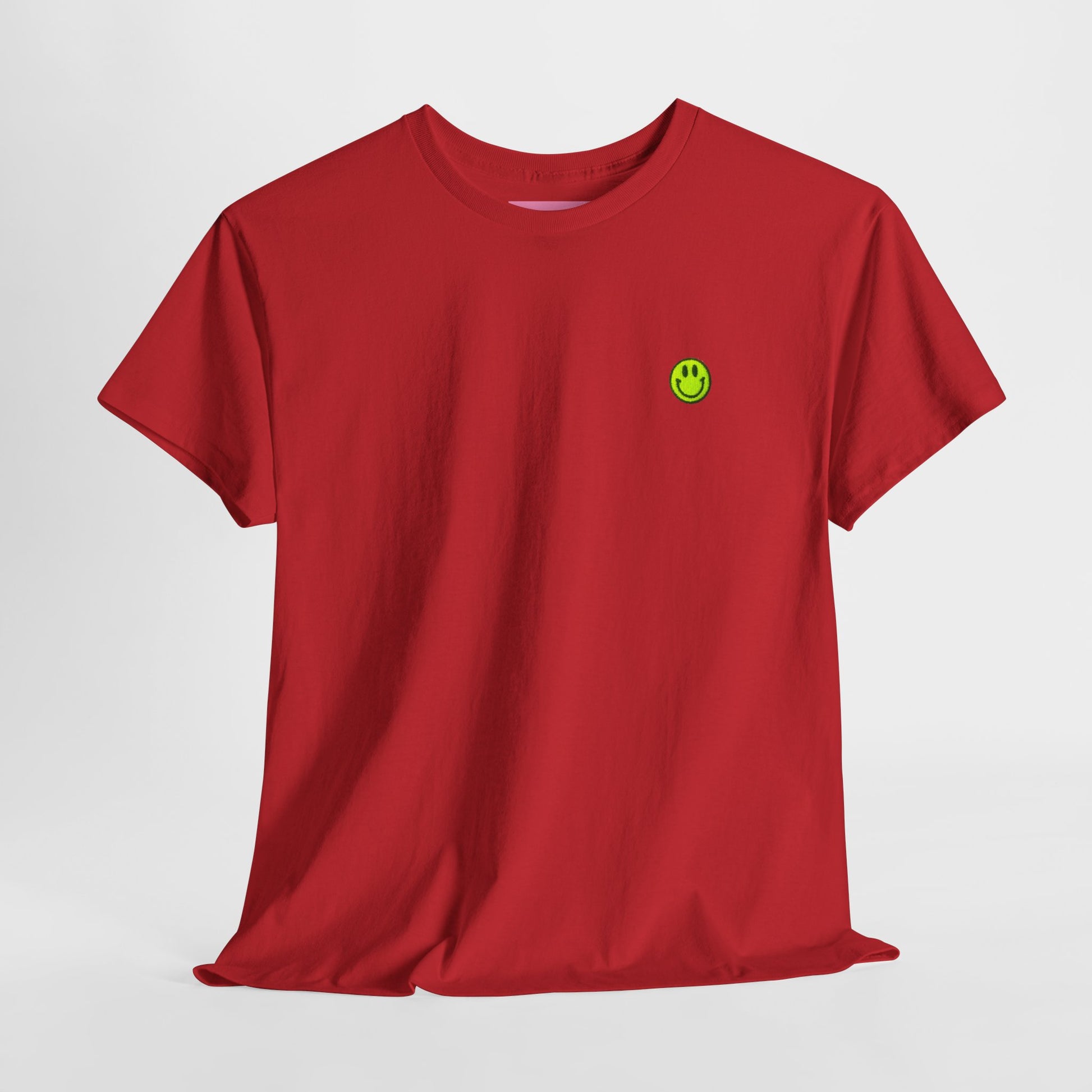 Red t-shirt with a green smiley face logo on a white background