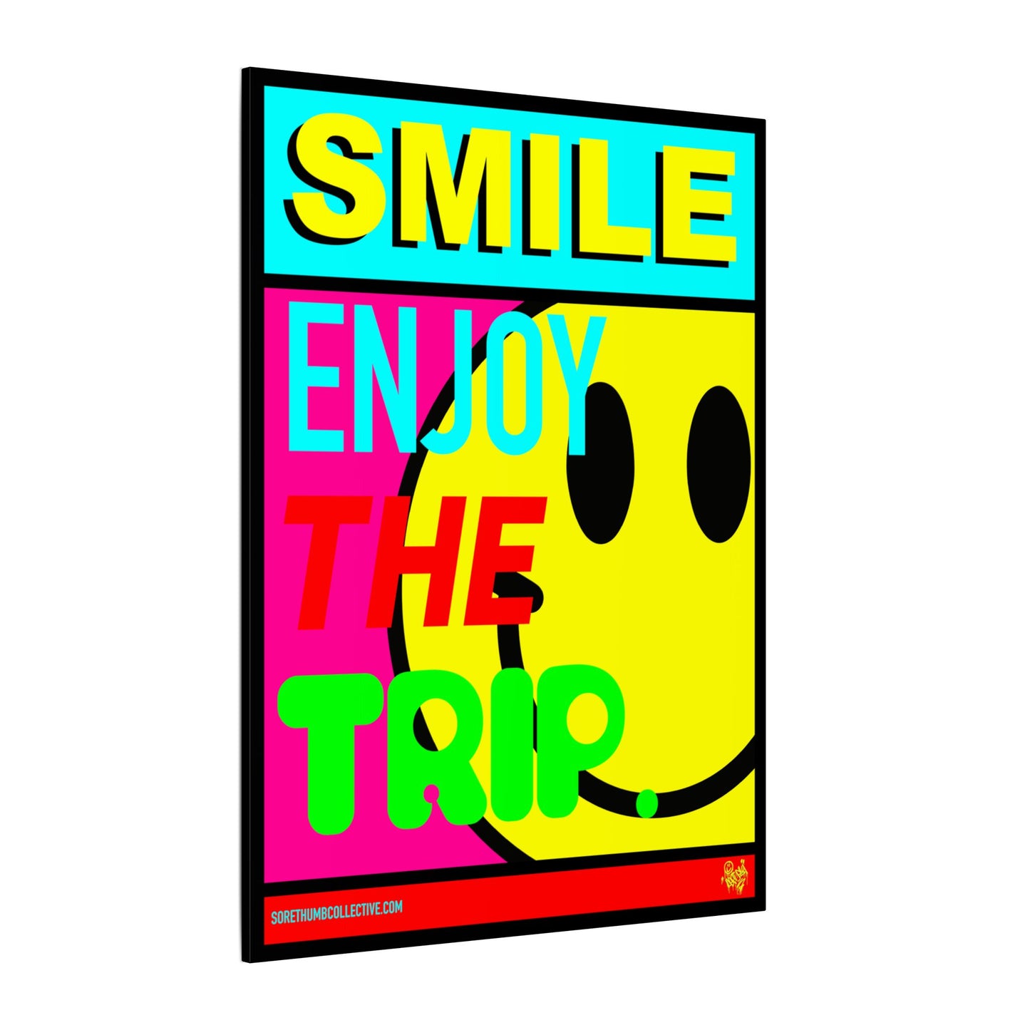 Colorful poster with smiley face and text 'SMILE ENJOY THE TRIP' on a white background