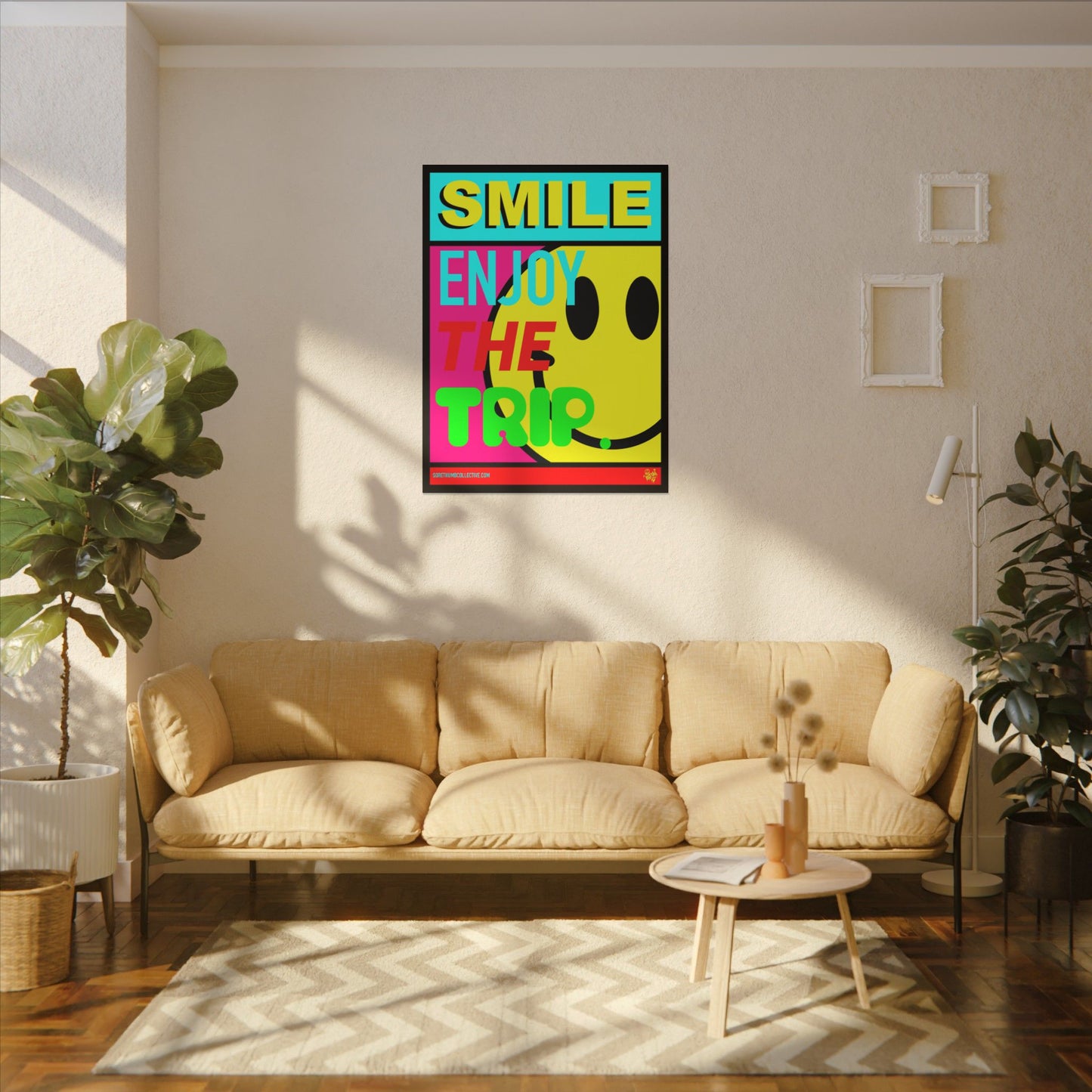 Living room with a beige sofa, coffee table, and decorative wall art.