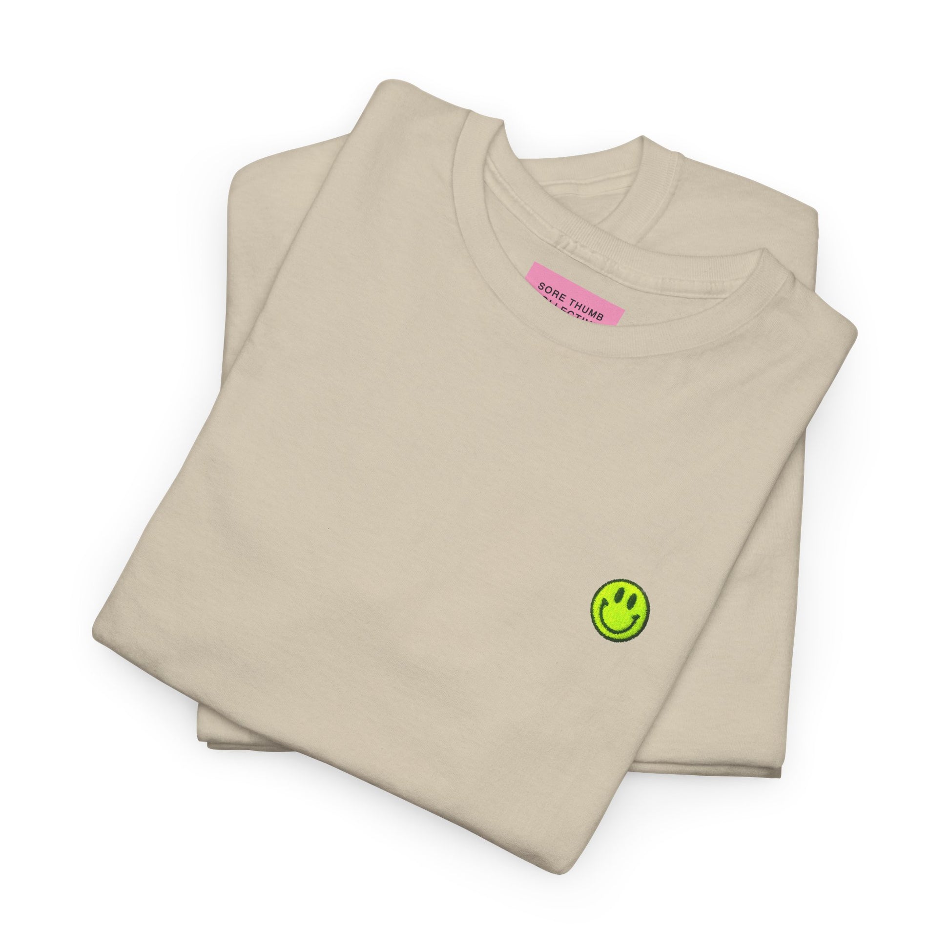Folded Stone Smiley Face Tee Shirt Highlighting Neon Yellow Embroidery