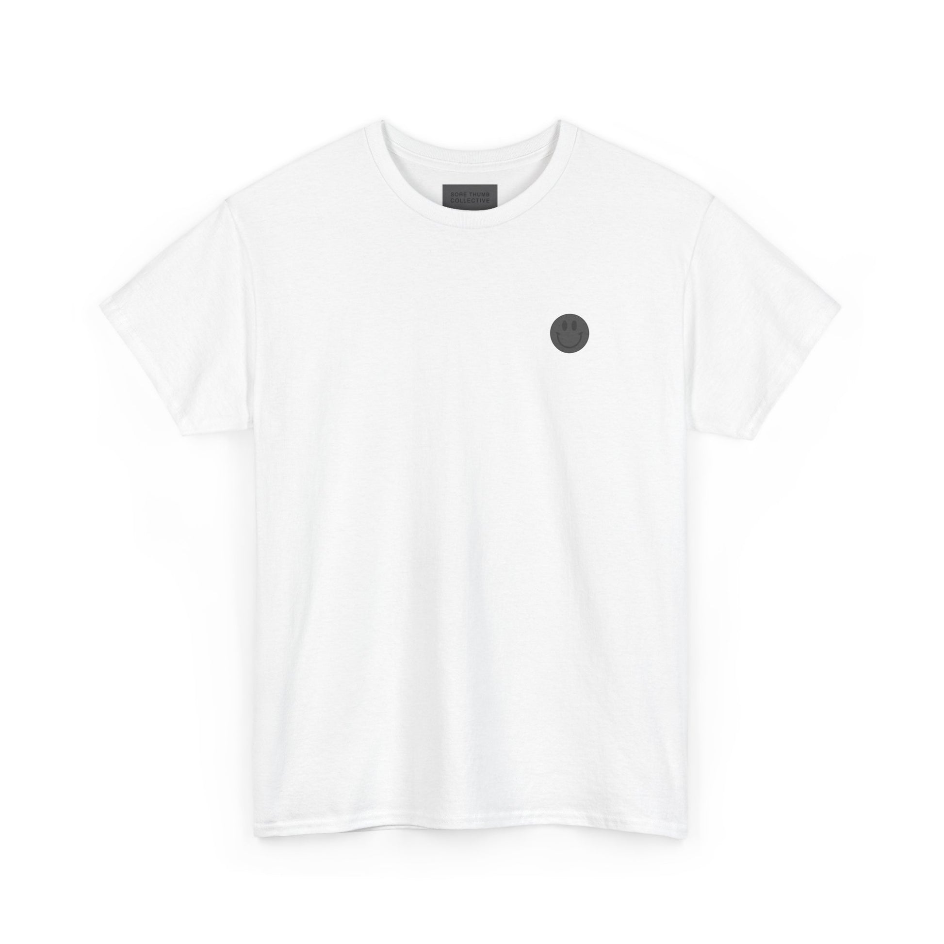 White t-shirt with a black circular logo on a white background