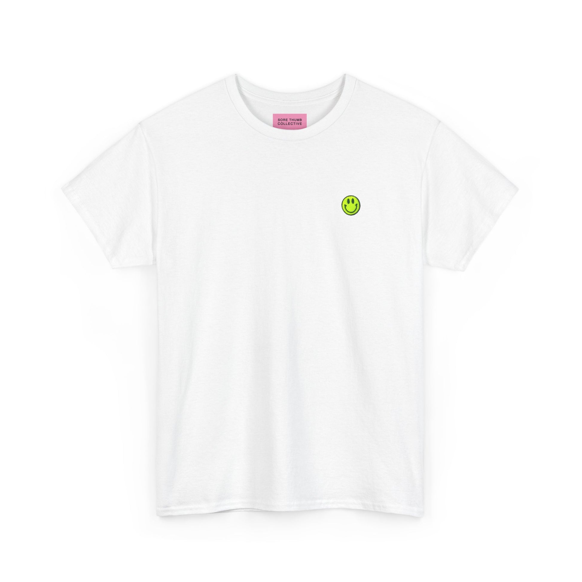 White smiley face t shirt flat lay with neon yellow embroidered design