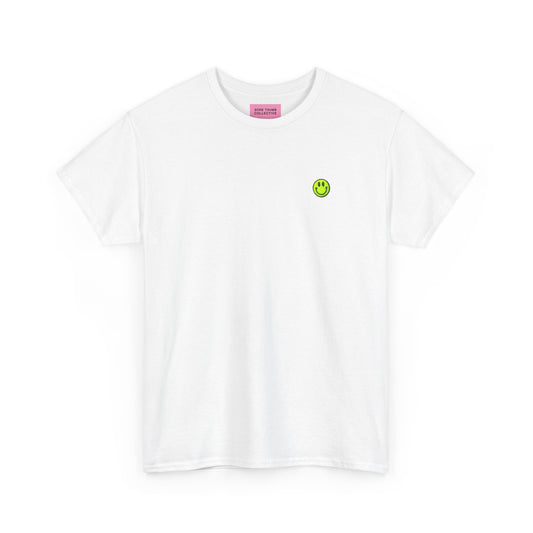 White smiley face t shirt flat lay with neon yellow embroidered design
