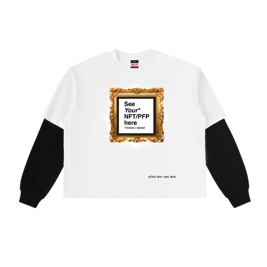 Layered NFT Streetwear Top (White with Black Sleeves) – “nft’s are not art” Gallery-Inspired Tee