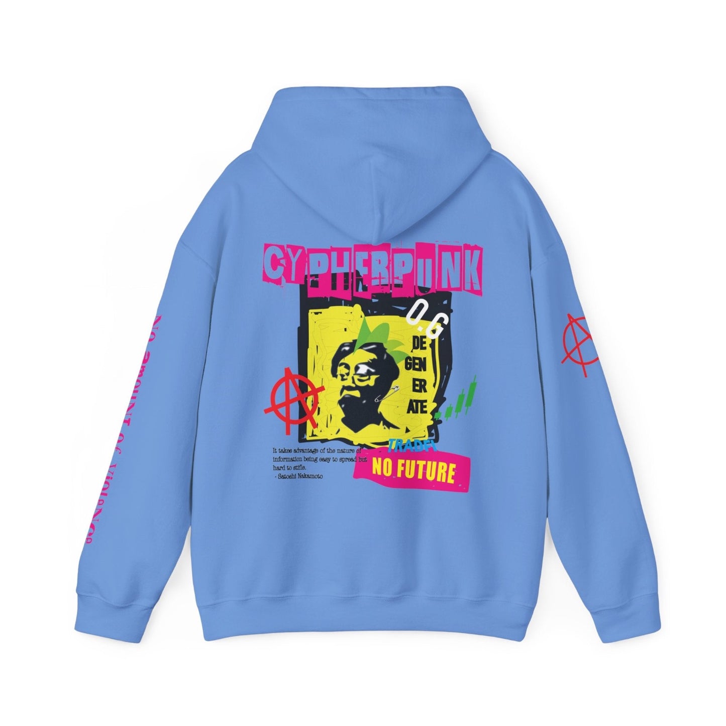 Satoshi Nakamoto hoodie, blue, with back print of satoshi, designed in a punk style, with bright colours, crypto top