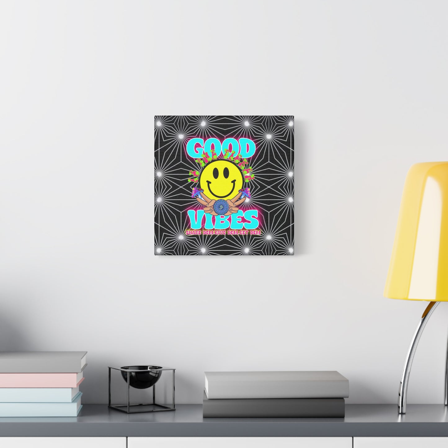 Positive Energy Canvas Print – Trippy Psychedelic Art with "Good Vibes" & Smiley Faces | Optical Illusion Wall Art | Available in Multiple Sizes