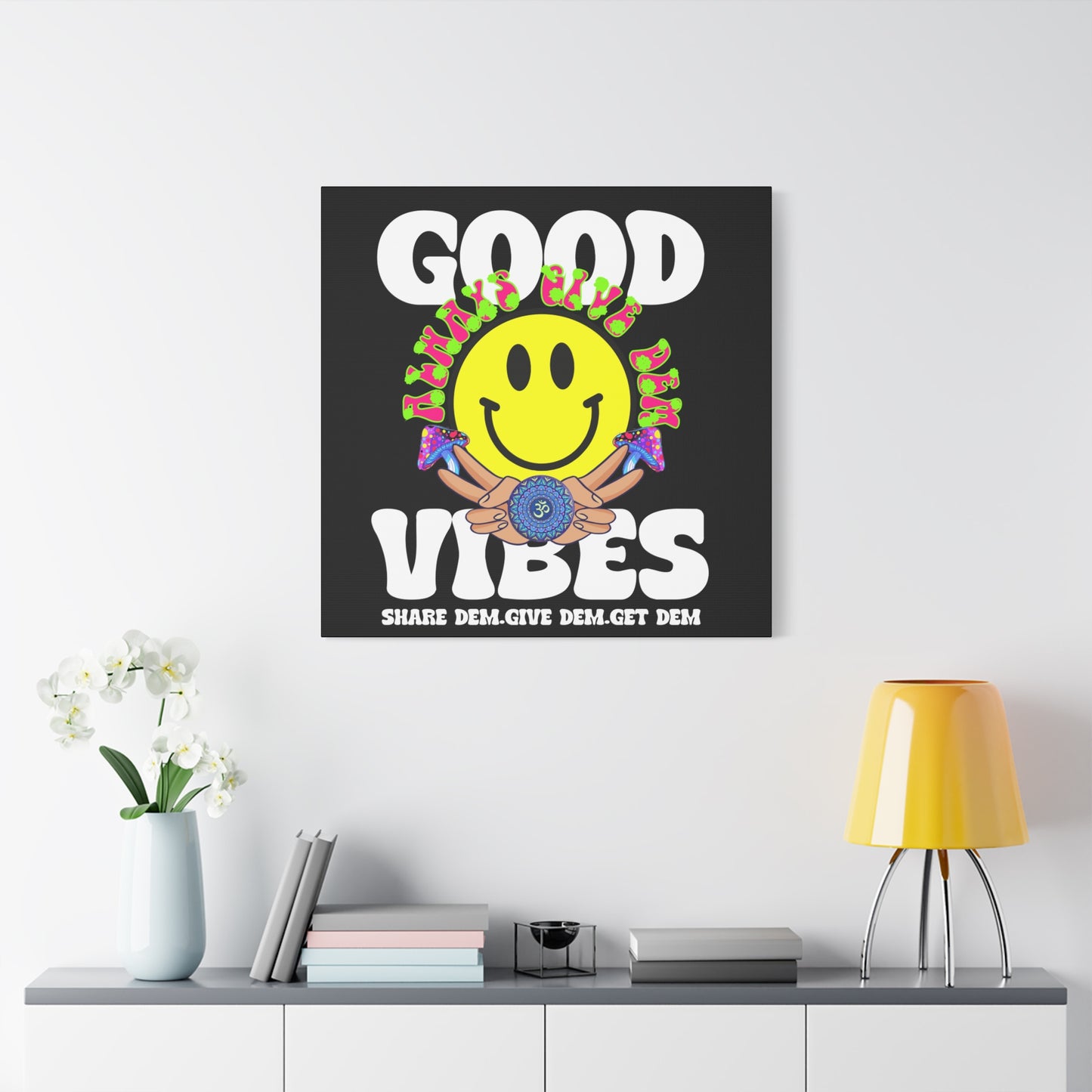 Good Vibes Canvas Print – Psychedelic Smiley Face Art on Black Canvas | Available in Multiple Sizes