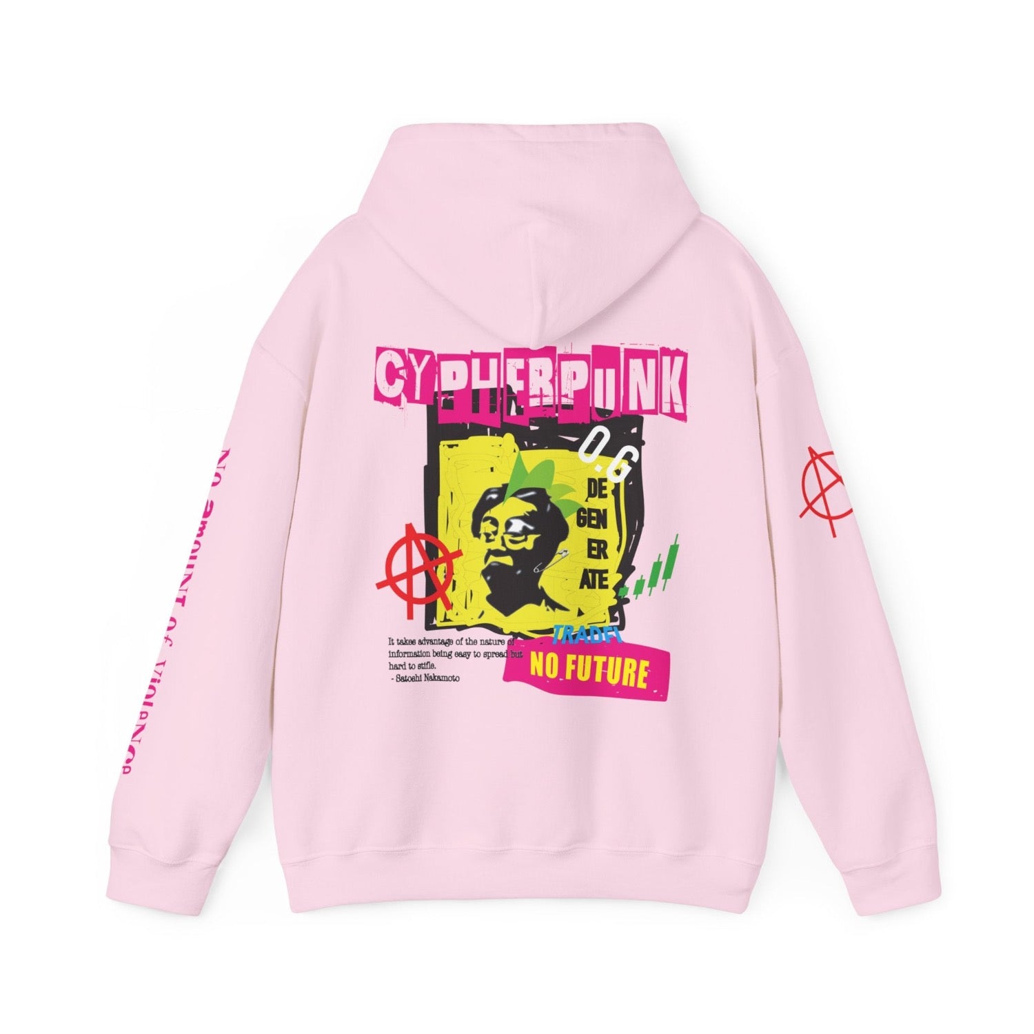 Satoshi Nakamoto hoodie in pale pink, with back print, cypherpunk wording and punk inspired design, with Anarchy sign on sleeve and Cypherpunks, The freedom and future of the internet, quote from Julien Assange