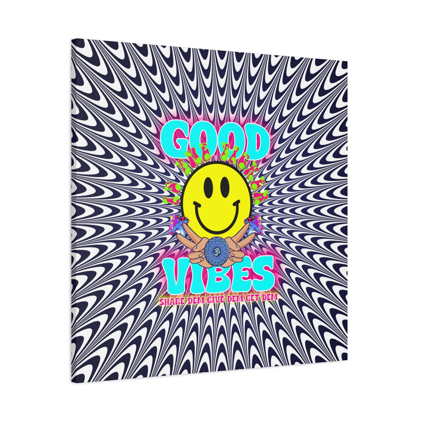 Positive Thinking Wall Art Decor – Psychedelic Canvas Print with "Good Vibes" & Smiley Faces | Optical Illusion Art | Available in Multiple Sizes