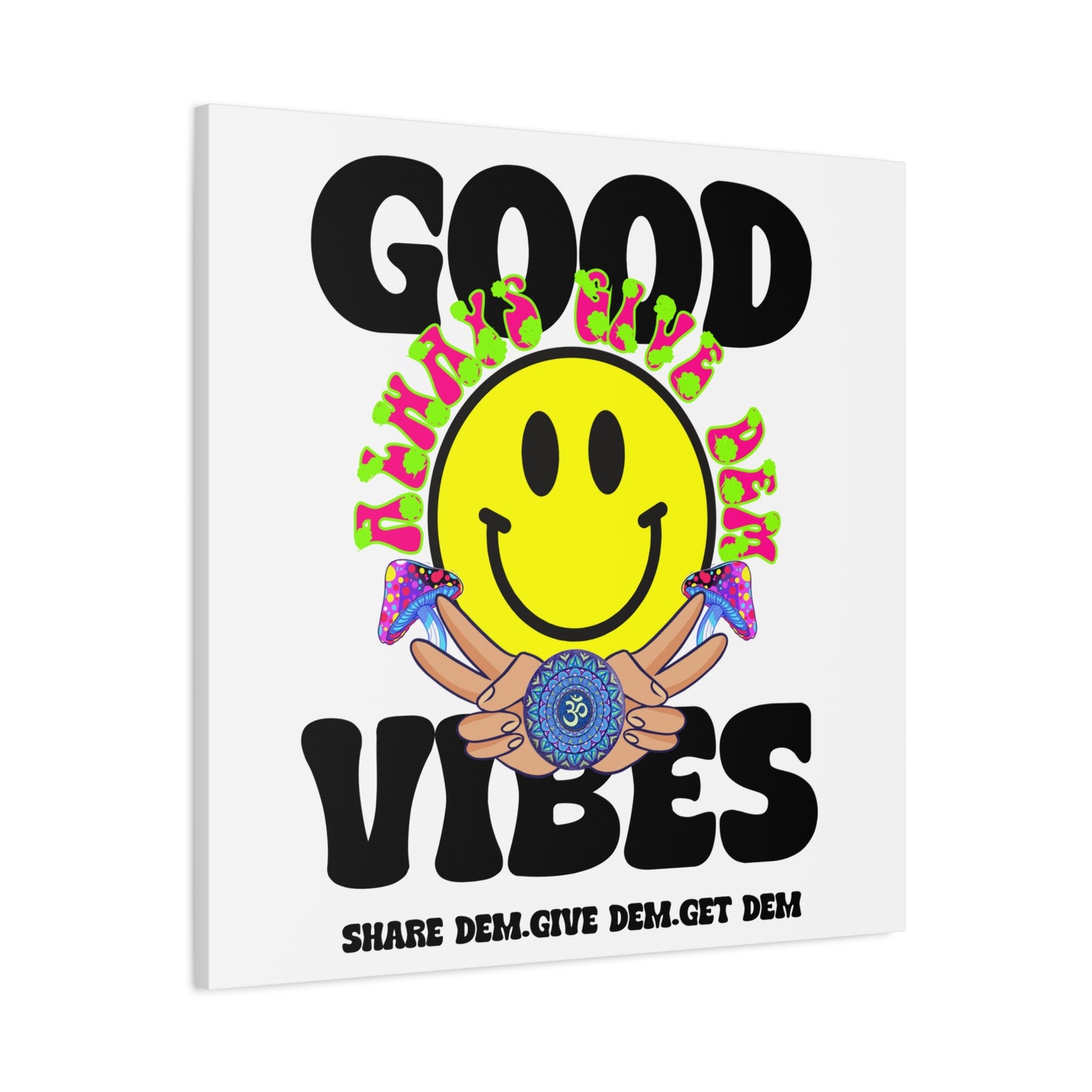 Funky Good Vibes Wall Art Print – Neon Turquoise & Tiffany Blue Canvas with Smiley Faces and Psychedelic Design