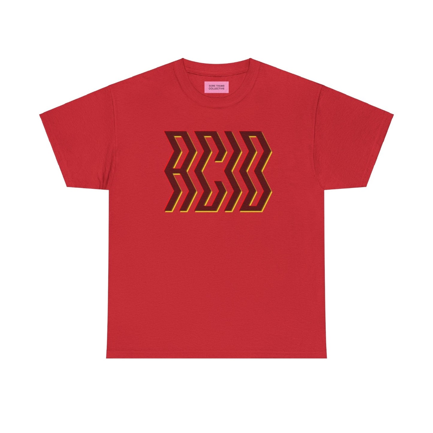 Red acid t shirt, bold 80's rave wear inspired design.