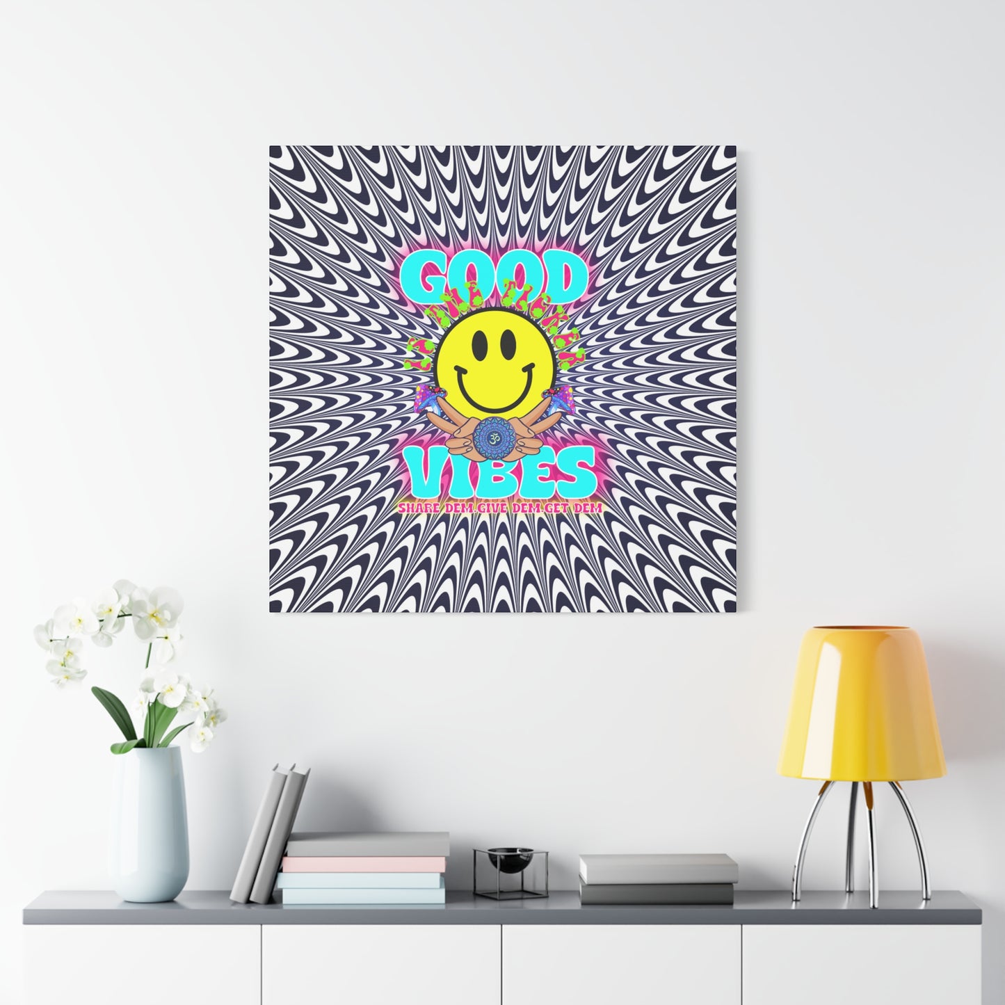 Positive Thinking Wall Art Decor – Psychedelic Canvas Print with "Good Vibes" & Smiley Faces | Optical Illusion Art | Available in Multiple Sizes